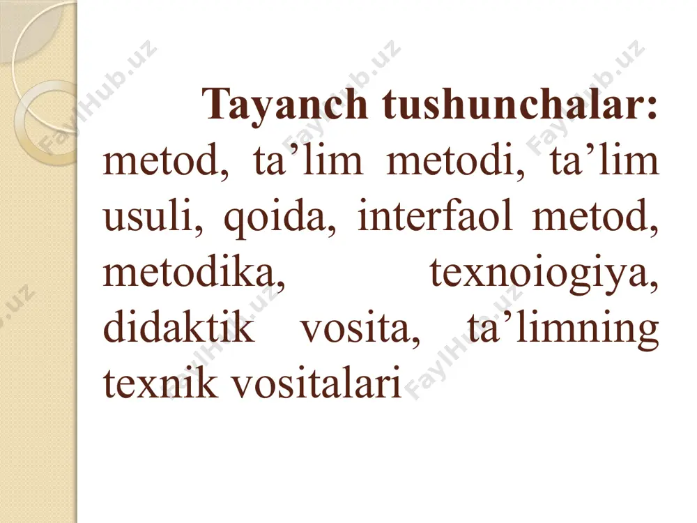 ishi. metodning samarasi ko‘p jihatdan o‘qituvchining nuqt mahorati, so‘zlarni o‘z o‘rnida, ifodali bayon qilishi, shuningdek, o‘quvchilarning yoshi, rivojlanish darajasini inobatga olgan holda yondashuviga bog‘liq. shu bois hikoya mazmuni o‘quvchilarning mavjud bilimlariga tayanishi, ularni kengaytirishga xizmat qilishi zarur. hikoyaning axborotlar bilan boyitilishi maqsadga muvofiqdir. 4.ta’lim metodlarini tanlab olish shartlari. pedagogika fanida, o‘qituvchilarning amaliy tajribasini o‘rganish va umumlashtirish asosida ta’lim metodlarini tanlashga o‘quvtarbiya jarayoni kechayotgan shart-sharoitlar va aniq holatlarga bog‘liq muayyan yondashuvlar vujudga keladi. ta’lim metodlarini tanlashda quyidagi holatlar inobatga olinishi lozim: ta’limning umumiy maqsadlari. fanning va o‘rganilayotgan mavzuning mazmuni hamda o‘ziga xosliklari. biror fanni o‘qitish metodikasining o‘ziga xosliklari. materialni o‘rganishga ajratilgan vaqt. o‘quv mashg‘ulotining maqsadi, vazifalari va mazmuni. o‘quvchilarning yoshi va bilish imkoniyatlari. o‘quvchilarning tayyorgarlik darajasi. ta’lim muassasasining moddiy ta’minlanganligi. 5.ta’lim vositalari va ularning vazifalari. ta’lim vositalari. ta’lim metodlari ta’limvositalari bilan birgalikda qo‘llaniladi. ta’lim vositalari - bu yangi bilimlarni o‘zlashtirish uchun o‘qituvchi va o‘quvchilar tomonidan foydalaniladigan ob’yekt. ta’lim vositalari katta ahamiyatga …