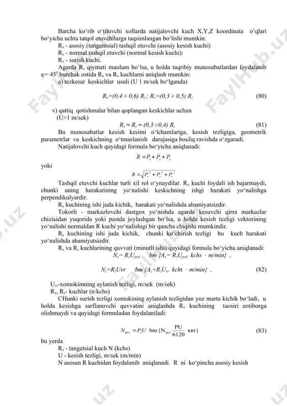 rientatsiya uchun yedda saqlash foydalidir. kesish kuchiga taosir etuvchi shart-sharoitlar. eksperimental tekshirishlar shuni ko‘rsatadiki yo‘nishdagi va raydalashdagi ry, rz, rx va r qiymatlar juda ko‘p faktorlarga boьliq bo‘ladi, ularning eng muximlari quyidagilar xisoblanadi: 1) qirindini kesish kesimi o‘lchamlari, 2) kesim tezligi, 3) kesimning kesuvchilari va mikrogeometriyasi, 4) chegara yonida keskiyaning kesuvchi qismini moylash yoki sovitish, 5) keskichning o‘tmaslanish darajasi, 6) ishlov beriladigan materialning turi va mexanik xossalari, 7) metal kesilgan qatlamining struktura xolati, 8) keskich kesuvchi qismining materiali. kesish kuchiga bir hatar (1,2,3,6) faktorlarning taosiri matematik formulalar bilan ifodalangan bo‘limi mumkin, qolgan faktorlarning (4,5,7,8) taosiri qo‘shimcha koeffitsientlar bilan xisobga olinadi. kesishning kesim o‘lchamlari. kesish kuchi tashqil etuvchilarini kesish kesimi o‘lchamlariga boьliqligi muxim ahamityatga ega, chunki ratsional kesish maromlarini xisoblashni, shuningdek qiladigan moslamarni xisoblashni asosiy xisoblanadi. randalashda va yo‘nishda bu boьliqlik emprik formula bilan ifodalangan bo‘lishi mumkin: rz= kzvxrz ayrz (88) bu yerda kz - yuqorida sanab o‘tilgan kesish jaraenlarining barcha …