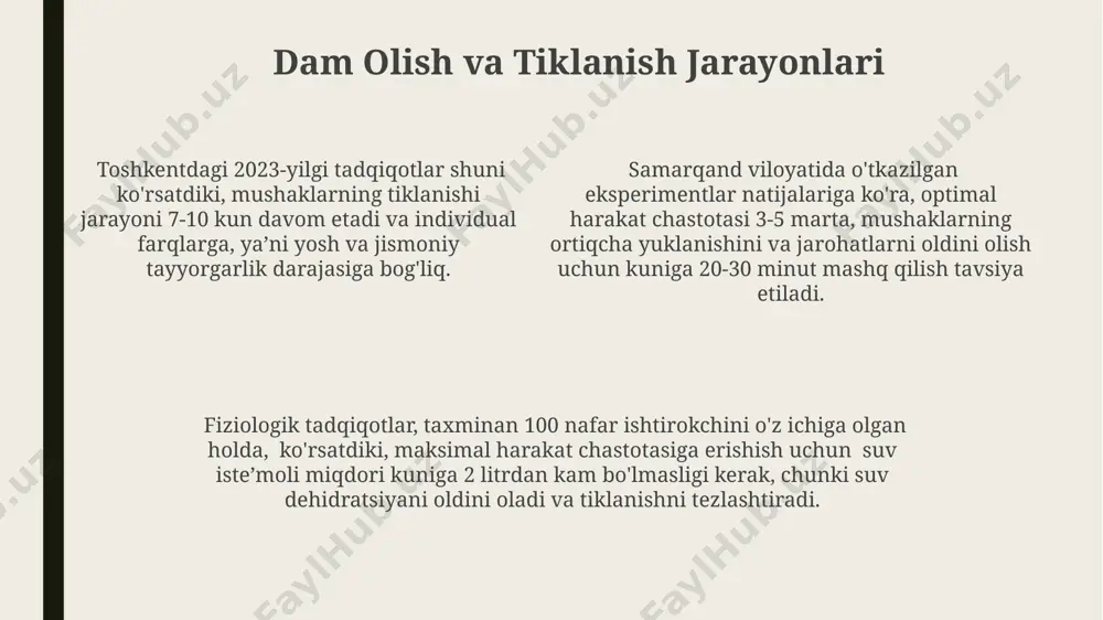 чиққан бўлиб, бу спортчиларнинг 70%ига таъсир кўрсатган. самарқанд вилоятида ўтказилган 15 та тадқиқот натижаларига кўра, етарли даражадаги жисмоний тайёргарлик шикастланиш хавфини 40% га камайтиради. футбол бўйича ўтказилган 1000 та ўйин таҳлилида кўрсатилгандек, мушакларнинг етарли даражада тортилиши шикастланишларни 25% га камайтиришга ёрдам беради. mushaklarning to'g'ri ishga tushurishi mushaklarning to'g'ri ishlashi uchun 2:1 nisbatida kuch va chidamlilik mashqlarini bajarish muhim, masalan, og'irlik ko'tarish va yoga, bu esa butun tananing 80% mushaklarini qamrab oladi. amerika fizioterapevtlari kolleji ma'lumotlariga ko'ra, mushaklarning harakat tezligini oshirish uchun 6-8 hafta davomida intensiv mashg'ulotlar, haftada 3 marta, 45 daqiqa davom etadi, natijalarni 10-12 haftada kuzatiladi. mushaklarning optimal faoliyati uchun kuniga kamida 30 daqiqa, haftada 5 marta muntazam jismoniy mashqlar, masalan, yugurish yoki suzish, tavsiya etiladi, bu esa toshkentdagi sport komplekslarida amalga oshirilishi mumkin. nafas olish texnikasi нафас олиш техникасининг 5-7 марта такрорланиши орқали 200 миллилитрдан ортиқ ҳавони ўпкага тортиш ва 10 кг гача бўлган юкни кўтаришда мускуллардаги кучни …