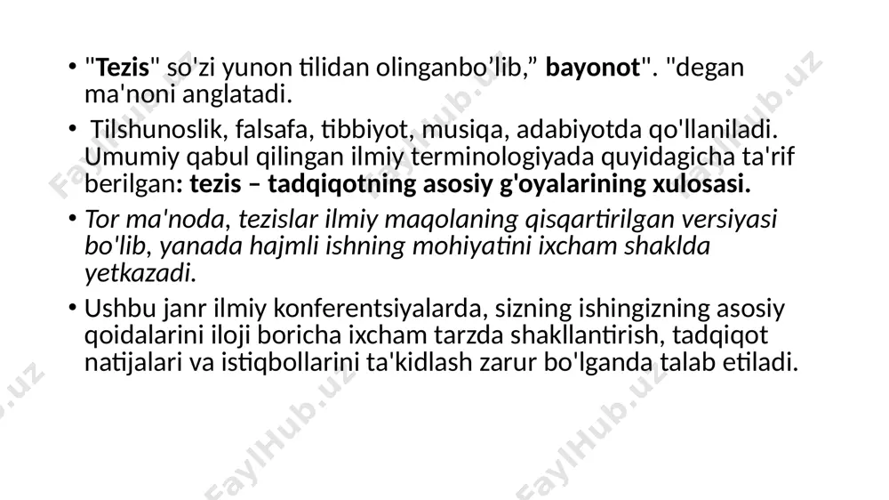 ushunib oling. hunarmandchilikni o'rganish mumkin, lekin ijodkor tug'ilishi kerak. hunarmandchilik odatda pul topish uchun o'zlashtiriladi, san'at ruh uchun amalga oshiriladi. o'zingiz uchun iste'dod va qalbingiz bilan beradigan hunarmandchilik san'atga aylanadi. osmonga intilishini yo'qotgan san'at hunarmandchilik deyiladi. "dissertatsiya" ilmiy atamasi har xil o'quv yurtlarining har bir talabasiga tanish, bu yozgan tadqiqot natijasidir xulosa shaklida. odatda bunday taqdimot hajmi bosilgan matnning taxminan 2 sahifasini tashkil qiladi. ko'p odamlar ushbu atamaning ma'nosini bilishadi, ammo natijalarni qanday shakllantirish va to'g'ri taqdim etishni hamma ham bilmaydi. ammo buni tuzatish oson. tezislarni tadqiqotning asosiy qoidalarini o'zida mujassam etgan kichik ilmiy maqola deb atash mumkin. bu sizning asosiy ishingizning tashrif qog'ozi. ko'pgina hollarda, ular ilmiy konferentsiya uchun yoziladi, bu yerda talaba o'z ishining mohiyatini aniq va ma'ruza shaklida taqdim etishi kerak. yozuvning tuzilishi bilan bir qatorda ba'zi dizayn qoidalariga rioya qilish kerak. tezis isbot elementlaridan biri bo'lib, uning isboti haqiqati isbotlangan. tezis quyidagi qoidalarni bajarishi kerak:1. tezis …