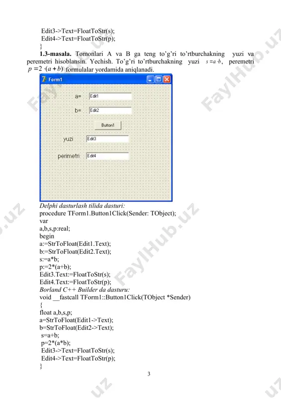 ri: procedure tform1.button1click(sender: tobject); var a,s:real; begin a:=strtofloat(edit1.text); s:=(sqrt(3))*a*a/4; edit2.text:=floattostr(s); end; borland c++ builder da dasturu: #include void __fastcall tform1::button1click(tobject *sender) { float a,s; a=strtofloat(edit1->text); s=(sqrt(3))*a*a/4; edit2->text=floattostr(s); } 1.7-masala. koordinatalari x1,y1 va x2, y2 ga teng bo’lgan nuqtalari orasidagi masofani hisoblang. yechish. ikki nuqta orasidagi masofa formula yordamida aniqlanadi. delphi dasturlash tilida dasturi: procedure tform1.button1click(sender: tobject); var x1,x2,y1,y2,d:real; begin x1:=strtofloat(edit1.text); x2:=strtofloat(edit2.text); y1:=strtofloat(edit3.text); y2:=strtofloat(edit4.text); d:=sqrt(sqr(x2-x1)+sqr(y2-y1)); edit5.text:=floattostr(d); end; borland c++ builder da dasturu: #include void __fastcall tform1::button1click(tobject *sender) { float x1,x2,y1,y2,d; x1=strtofloat(edit1->text); x2=strtofloat(edit2->text); y1=strtofloat(edit3->text); y2=strtofloat(edit4->text); d=sqrt(sqr(x2-x1)+sqr(y2-y1)); edit5->text=floattostr(d); } 1.8-masala. birinchi hadi a, ayirmasi d, hadlari soni n ga teng arifmetik progressiyaning hadlarining yig’indisini hisoblang. yechish. arifmetik progressiya istalgan hadi va hadlari yig’indisi uchun , formulalar o’rinli bo’ladi. delphi dasturlash tilida dasturi: procedure tform1.button1click(sender: tobject); var a1,d,n,s:real; begin a1:=strtofloat(edit1.text); d:=strtofloat(edit2.text); n:=strtofloat(edit3.text); s:=(2*a1+d*(n-1))/2*n; edit4.text:=floattostr(s); end; borland c++ builder da dasturu: void __fastcall tform1::button1click(tobject *sender) { float a1,d,n,s; a1=strtofloat(edit1->text); d=strtofloat(edit2->text); n=strtofloat(edit3->text); s=(2*a1+d*(n-1))/2*n; edit4->text=floattostr(s); } 1.9-masala. …
