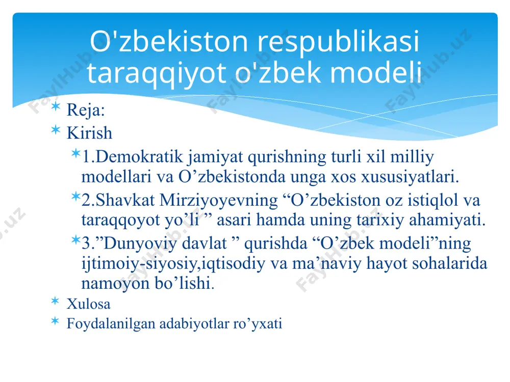 lar jahon maydoniga chiqishda ular dunyoviy davlat qurish yo'lidan borganligi bilan xarakterlanadi. aslida 1) dunyoviy davlatchilik, 2) milliy davlatchilik va 3) islom davlatchiligi tushunchalari mavjud bo'lib, ularning o'ziga xos xususiyatlari mavjud. dunyoviy davlat tushunchasi, avvalo, demokratiyaning muhim umumjahon e'tirof etgan asosiy tamoyillariga asoslanadi. bu tamoyillar: 1. erkin va adolatli saylovlar. 2. ochiq va hisobot beruvchi hukumat. 3. inson huquqlarining ustuvorligi. 4. hokimiyat organlarining saylanib qo'yilishi. 5. so'z, matbuot va vijdon erkinligining konstitutsiya va qonunlar bilan kafolatlanishi. 6. qonun ustuvorligi. 7. fuqarolarning siyosiy va iqtisodiy huquqlari mavjudligi va tengligi. 8. tayinlash yo'li bilan shakllangan davlat organlarining saylab qo'yiladigan organlari oldida hisob berib turishi. 9. ko'ppartiyaviylik tizimining mavjudligi. 10. umummilliy masalalarning hal etilishida referendumlarning o'tkazilishi. 11. mulk shakllarining xilma-xilligi va ularning tengligini kafolatlovchi qonunlarning mavjudligi. 12. siyosiy muholifatning ochiq faoliyat ko'rsatishi. 13. jamiyatda xilma-xil fikrlarning, plyuralizmning mavjudligi . mamlakatimizda prеzidеntimiz rahnamoligida amalga oshirilayotgan izchil va kеng qamrovli iqtisodiy islohotlar avvalo inson, uning …