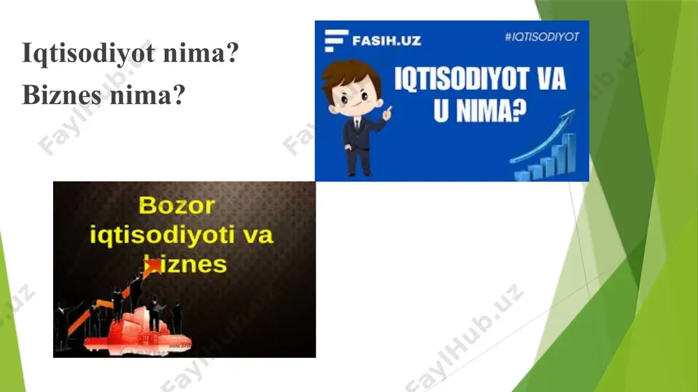 va ayni vaqtda xususiy bo‘ladi. iqtisodiy qonunlar va kategoriyalar 1. iqtisodiy qonunlar. iqtisodiyotda mavjud bo‘lgan qonunlar iqtisodiy jarayonlar va tizimlar o‘rtasidagi o‘zaro aloqalarni ifodalaydi. asosiy iqtisodiy qonunlar quyidagilardir: talab va taklif qonuni. bozorda talab va taklifning o‘zgarishi narxlarni va ishlab chiqarishni shakllantiradi. talab oshganda narxlar ko‘tariladi, taklif oshganda esa narxlar pasayadi. o‘rtacha va chegaraviy xarajatlar qonuni. korxona ishlab chiqarishni oshirgan sari, o‘rtacha va chegaraviy xarajatlar qanday o‘zgarishini tushuntiradi. foyda va narxning o‘zaro bog‘liqligi. korxona foydasini maksimal darajada oshirish uchun narxlarni va ishlab chiqarish hajmini qanday moslashtirish kerakligini ko‘rsatadi. 2. iqtisodiy kategoriyalar. iqtisodiyot va biznes fanida asosiy kategoriyalar iqtisodiy jarayonlar va tizimlarning nazariy asoslari hisoblanadi. ular quyidagilardan iborat: resurslar ishlab chiqarish narx va qiymat bozor foyda va zarar investitsiya iqtisodiy siyosat. ijtimoiy va iqtisodiy rivojlanish iqtisodiyot va biznes fanining vazifalari, iqtisodiy jarayonlarni tushunish, ularni samarali boshqarish va rivojlantirishga qaratilgan bo‘lib, quyidagi asosiy yo‘nalishlarga bo‘linadi: 1. iqtisodiy tizimlarni o‘rganish va tushunish 2. …