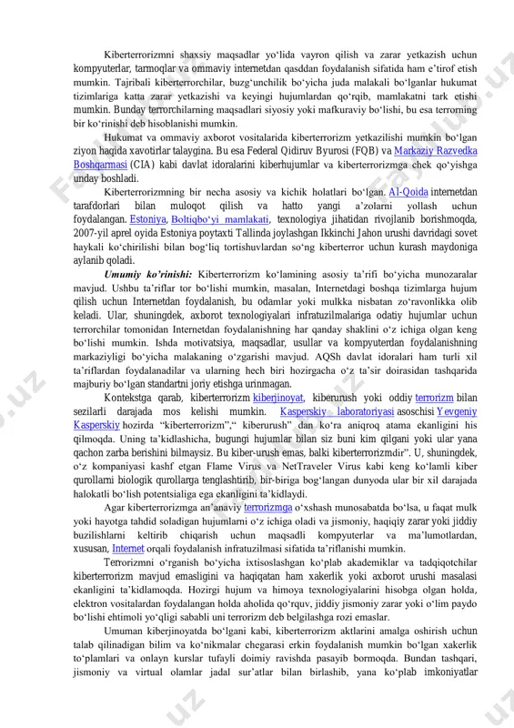 inishi sifatida tasvirlangan. bu erda jamoaviy sarob yoki xayolparastlik inson ongida sub’ektiv psixologik holat sifatida namoyon bo‘ladi. ijtimoiy nuqtai-nazardan kibermakon deganda kompyuter tarmog‘i orqali bir-biri bilan bog‘langan va bir vaqtning o‘zida turli geografik nuqtada kesishuvchi har qanday mavjud kompyuterning grafik sifatidagi ma’lumotlariga o‘ralashib qolgan kishilar jamoasi tushuniladi. kiberterrorchilik – bu tahdid yoki qoʻrqitish orqali, internetdan foydalangan holda, siyosiy yoki mafkuraviy muvaffaqiyatga erishish maqsadida uyushtiriluvchi kiberhujumlardir. kompyuter viruslari, kompyuter qurtlari, fishing, zararli dasturlar, apparat usullari, dasturlash skriptlari kabi vositalar yordamida kompyuter tarmoqlarini, xususan, internetga ulangan shaxsiy kompyuterlarni qasddan, keng miqyosda buzish harakatlari internet terrorizmining koʻrinishi boʻlishi mumkin. kiberterrorizm munozarali atamadir. baʼzi mualliflar maʼlum terroristik tashkilotlar tomonidan signalizatsiya, vahima yoki jismoniy buzilishlarni yaratish maqsadida axborot tizimlariga qarshi hujumlarni buzish bilan bogʻliq juda tor taʼrifni tanlaydilar. boshqa mualliflar esa kiberjinoyatni oʻz ichiga olgan kengroq taʼrifni afzal koʻrishadi. kiberhujumda ishtirok etish, hatto zoʻravonlik bilan amalga oshirilmagan boʻlsa ham, terror tahdidi idrokiga taʼsir qiladi. baʼzi …