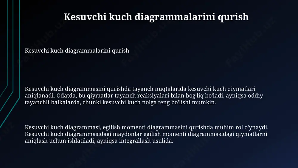 i kuchlar (kesuvchi kuch, egilish momenti) 2 ta asosiy yondashuv orqali aniqlanadi: bo'lak-bo'lak yechish va muvozanat tenglamalari. ko'p oraliqli statik aniq to'sinlarni loyihalash, 1- va 2-tartibli yuklash holatlari kabi har bir yuk holati uchun alohida hisoblashni talab qiladi, so'ngra eng yomon holatni aniqlash uchun natijalar superpozitsiyasi amalga oshiriladi. birinchi oraliq, ikkinchi oraliq kabi, har bir oraliq alohida hisoblanadi, chunki statik aniqlik sharti har bir oraliq uchun kuch balansini mustaqil aniqlash imkonini beradi, bunda 3 ta tenglama qo'llaniladi. e'tiboringiz uchun rahmat @taqdimot_robot