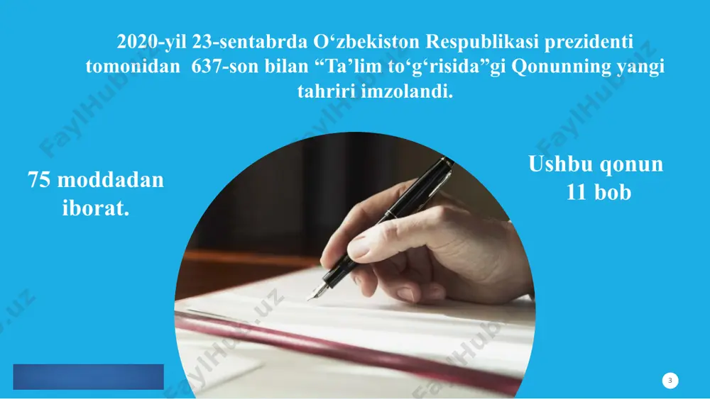 masini va ta’limni amalga oshirish shartlarini maktabgacha ta’lim tashkilotlarida maktabgacha ta’lim va tarbiyaning davlat standarti qo‘llaniladi 34-modda. davlat ta’lim standartlari va davlat ta’lim talablari 9 davlat ta’lim standartining maqsadi - umumiy o‘rta ta’lim tizimini mamlakatda amalga oshirilayotgan ijtimoiy-iqtisodir islohotlar, rivojlangan xorijiy mamlakatlarning ilg‘or tajribalari hamda ilm-fan va zamonaviy axborot-kommunikatsiya texnologiyalariga asoslangan holda tashkil etish, ma’naviy barkamol va intellektual rivojlangan shaxsni tarbiyalashdan iborat. 13 davlat ta’lim standarti qanday tarkibiy qismlardan iborat? . . davlat ta’lim standarti quyidagi tarkibiy qismlardan iborat: umumiy o’rta ta’limning tayanch o’quv rejasi umumiy o‘rta ta’limning o‘quv dasturi umumiy o‘rta ta’limning malaka talablari baholash tizimi (mezonlari) tayanch o‘quv reja - umumiy o‘rta ta’lim muassasalarida o‘qitiladigan o‘quv fanlari nomi, o‘quv yuklamasining minimal hajmi hamda ularning sinflar bo‘yicha taqsimoti belgilangan hujjat hisoblanadi. tayanch o‘quv reja umumiy o‘rta ta’lim muassasalarining dars jadvalini ishlab chiqish uchun asos hisoblanadi. o‘quv rejalari va o‘quv dasturlari tegishli ta’lim bosqichlarining maqsad hamda vazifalari asosida ishlab chiqiladi. …
