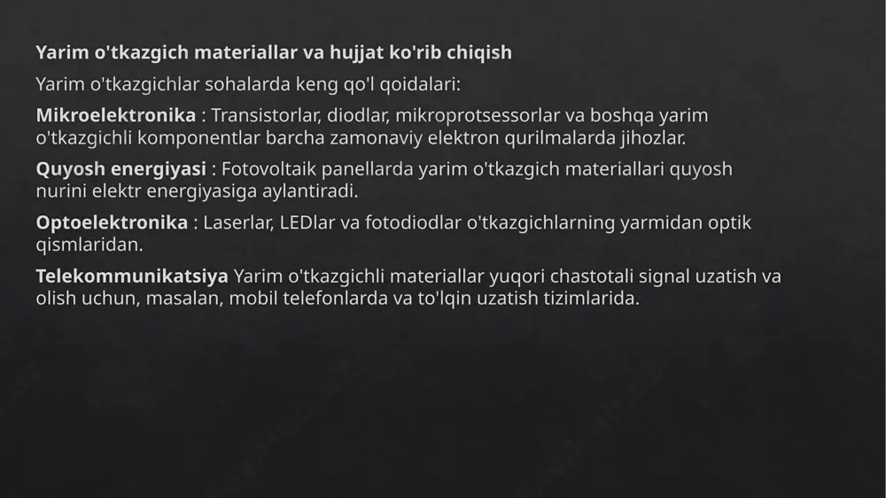 iyasini boshqarilishiga asoslanadi. tranz oqimni ishlab chiqarishda, signalni qayta ishlashda va uzatishda quvvat. diodlar esa elektr quvvatining faqat bitta yo'nalishida o'tishiga imkon beradi, bu tahririyat huquqi. yarim o'tkazgichlarning energiya konversiyasidagi roli yarim o'tkazgichlar energiya konversiyasi jarayonlarida ham katta rol o'ynaydi. ular quyosh energiyasini elektr quvvatiga aylantiradigan qurilmalarda, batareyalarda va boshqa energiya boshqaruv tizimlarida keng qo'shimcha qurilmalar. fotovoltaik tizimlari (quyosh batareyalari) yarim o'tkazgichlarning energiya konversiyasidagi roli yarim o'tkazgichlar energiya konversiyasi jarayonlarida ham katta rol o'ynaydi. ular quyosh energiyasini elektr quvvatiga aylantiradigan qurilmalarda, batareyalarda va boshqa energiya boshqaruv tizimlarida keng qo'shimcha qurilmalar. fotovoltaik tizimlari (quyosh batareyalari) fotovoltaik effekt — yarim o'tkazgich materiallari nurlarni so'rib, elektr energiyasiga aylantiradi. si (kremniy) yarim o'tkazgichi fotovoltaik panellarda binolar eng keng tarqalgan materialdir. quyosh nuridan energiya olishda kremniy yarim o'tkazgichlarni fotonlarni yutib, elektronlar va teshiklar hosil qiladi, ular o'zaro harakatlanib, elektr toki hosil qiladi. ayrim o'tkazgichlar energiya tizimlarida ham samarali ishlaydi, chunki ular yuqori chastotali signal, quvvat …