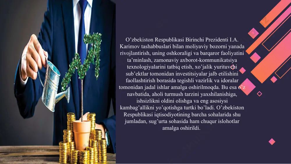 qori tavakkalli va past tavakkalli investitsiyalarga ajratiladi. moliya sohasida tavakkalchiliklik deganda investitsiyalarga mutloq yoxud nisbiy miqdordagi foyda kutilganidan ancha kam bo’ladi, boshqacha aytganda «tavakkalchilik» atamasi kutilmagan natija olish imkoniyatini anglatadi. qo’yilma mablag’lariga foydani mutloq yoxud nisbiy miqdorlarining yoyilishi qanchalik keng bo’lsa tavakkalchilik shunchalik katta bo’ladi va aksincha. yakka investor eng kam tavakkalchilikka ega bo’lgan davlat qimmatli qog’ozlardan tortib eng yuqori tavakkalli tovarlargacha bo’lgan vositalarni keng tanlash imkoniyatiga ega. o’zbekiston respublikasi prezidenti islom karimovning 2009 yilning asosiy yakunlari va 2010 yilda o’zbekistonni ijtimoiy-iqtisodiy rivojlantirishning eng muhim ustuvor yo’nalishlariga bag’ishlangan vazirlar mahkamasining majlisidagi «asosiy vazifamiz – vatanimiz taraqqiyoti va xalqimiz farovonligini yanada yuksaltirishdir» nomli ma’ruzasida - “uzoq muddatli istiqbolga mo’ljallangan, mamlakatimizning salohiyati, qudrati va iqtisodiyotimizning raqobatdoshligini oshirishda hal qiluvchi ahamiyat kasb etadigan navbatdagi muhim ustuvor yo’nalish – bu asosiy etakchi sohalarni modernizatsiya qilish, texnik va texnologik yangilash, transport va infratuzilma kommunikatsiyalarini rivojlantirishga qaratilgan strategik ahamiyatga molik loyihalarni amalga oshirish uchun faol investitsiya …