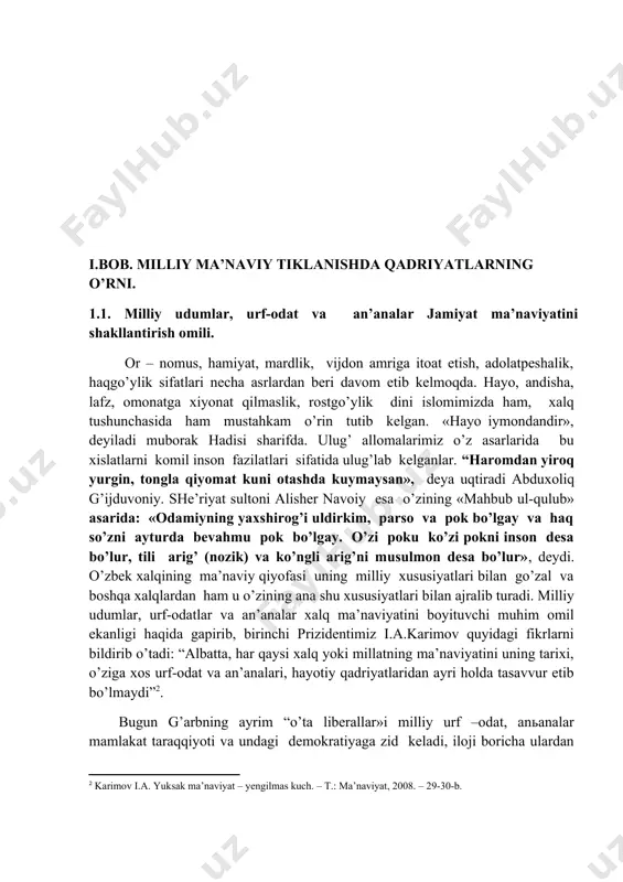 magani kabi, kamchiliksiz odamning o’zi yo’q. ammo xalq tomonidan ardoqlanib, avaylab-asrab kelinayotgan qadriyatlar, odob- axloq me’yorlariga rioya etmaslik sharq mamlakatlarida ma’naviyatidagi illat hisoblanadi. xo’sh, balo–qazodek yopirilib kelayotgan bunday illatlarga qanday qarshi kurashish kerak, ularning, kelajagimiz bo’lmish yoshlar ongini zaharlamasliklari uchun nima qilish kerak, degan haqli savol o’z – o’zidan paydo bo’lib turibdi. yoshlar ma’naviyatini turli illatlardan saqlab qolishning eng muhim omili bu tarbiya, tarbiya esa, avvalo, oiladan boshlanadi. zero, oila jamiyatning bosh bo’g’ini, tarbiyaning asosiy tayanchidir. odamlarni, xususan yoshlarni har qanday ta’sirlardan, buzg’unchiliklardan asrashning yagona yo’li avvalo, oilada ma’naviy-ma’rifiy tarbiyani davom ettirish, jaholatga qarshi faqat ma’rifat bilan qarshi turmoq lozim. «tarbiya, - deyiladi muqaddas «avesto»da, - hayotning eng muhim tayanchi bo’lib hisoblanishi lozim». bugungi tahlikali davrda agar ota–onaning o’zi tarbiyalangan, milliy–ma’naviy qadriyatlardan xabardor va unga qat’iy amal qiladigan bo’lsagina, ular tarbiyalayotgan farzandda milliy xususiyatlarni ko’rish mumkin. onaning o’zi «zamonaviy»man deb yarimyalang’och kiyinsa, behayo so’zlarni odat qilgan bo’lsa, spirtli ichimliklarni iste’mol …