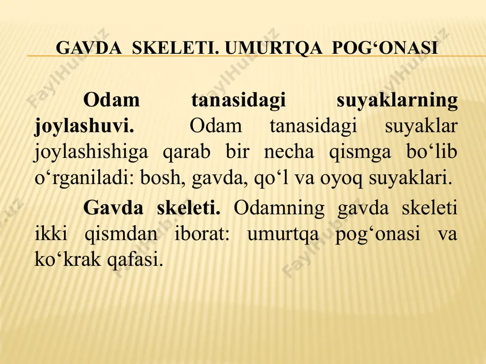 tomondan nomsiz suyaklardan, orqa tomondan dumg‘aza va dum umurtqa suyaklaridan tashkil topgan. chanoq suyagining yuqori qismi kengaygan bo‘lib, katta chanoq deb ataladi, pastki qismi toraygan bo‘lib, kichik chanoq deb ataladi. kichik chanoq bo‘shlig‘ida to‘g‘ri ichak, siydik pufagi, qon, limfa, tomirlari, nerv tolalari va tugunlari hamda jinsiy a’zolar joylashgan. chanoq suyagining tashqi - yon tomonida quymich kosasi deb ataluvchi chuqurcha bo‘lib, unga son suyagining yumaloq boshchasi birikib, son-chanoq bo‘g‘imini hosil qiladi. bu bo‘g‘im orqali tananing massasi oyoq suyaklariga o‘tkaziladi. odamning chanoq suyagi ba’zi erkaklarda 1200 kg massadagi yukni ko‘tara oladi. oyoq suyaklari 1-chanoq 2-son suyagi 3-son boshchasi 4-tizza qopqog’i 5-katta boldir suyagi 6-kichik boldir suyagi 7-kaft usti suyagi 8-kaft suyaklari 9-panja suyaklari oyoqning erkin suyaklari son suyagi eng yirik va baquvvat naysimon suyakdir. u 1500 kg gacha bo‘lgan yukni ko‘tarishi mumkin. bu suyakning yuqorigi uchi yumaloq bo‘lib, chanoq suyagining chuqurchasiga kirib, son-chanoq bo‘g‘imini hosil qiladi. suyakning pastki uchi katta boldir bilan …