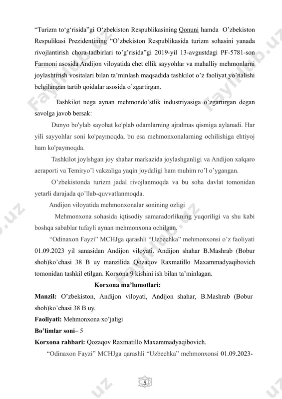 odim ishlaydi: direktor ish boshqaruvchi buxgalter admistrator-2 nafar. xona xizmatchisi-2 nafar. tozalash xodimi-2 nafar. ma’muriy xizmat mehmonxona majmuasining barcha xizmat bo‘limlarining ishini tashkillashtirilishiga javob beradi. u moliya, xodimlar (kadrlar) bilan ta’minlash masalalari bilan shug‘illanadi, xodimlarga yetarli ish sharoitlarini yaratish, texnika xavfsizligiga, ekologiya va yong‘ingpa qarshi qo‘yilgan normativ talablarni bajarilishini nazorat qiladi, hamkorlar va tashqi aloqalar bilan shug‘illanadi. bu bo‘limni oliy toifali menejer yoki mehmonxona direktorining o‘zi boshqaradi. avvalo, qabul qilish xizmati administratori zo‘r “psixolog” ham bo‘lib, mijoz bilan suhbatda to‘g‘ri yo‘l tanlashni darrov anglashb olishi muhim. qabul qilish xizmati xodimlari hotel haqida barcha ma’lumotlar (nomerlarning yaxshi va yomon taraflari, joylashishi, narxi, boshqa xizmatlar), shaharning diqqatga sazovor joylari, manzili, borish mumkinligi, transport, muzey, teatrlarning ishlash rejimini to‘liq bilishlari shart. tozalash xizmatchilarining boshlig‘i xodimlarning nomerlarni tozaligi, ofis, ishlash joylarining ozoda saqlanishi bo‘yicha olib borilayotgan ishlarga javobgardir. bosh xizmatchi vazifalarni oladi va bo‘ysinuvchilarga taqsimlab bo‘ladi. xizmatchilarning har kungi majburiyati nomer bo‘sh yoki bandligidan …
