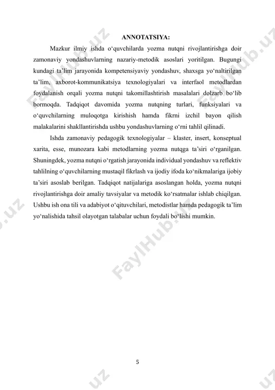 yalarini rivojlantirish. qo‘qon universiteti xabarnomasi, 13-son, 372–376-betlar.] yozma nutq o‘z tuzilishi, tashkil etilishi, funktsional yo‘nalishi va kommunikativ vazifalari jihatidan bir necha turlarga bo‘linadi. uning asosiy turlari quyidagilardir: 1. rasmiy yozma nutq – hujjatlar, arizalar, bayonnomalar, farmoyishlar shaklida ifodalanadigan nutq bo‘lib, aniq rasmiylik, normativlik va standartlashtirilgan til birliklari bilan ajralib turadi. 2. ilmiy yozma nutq – ilmiy maqolalar, dissertatsiyalar, referatlar shaklida yoziladi. bunda mantiqiy izchillik, aniqlik, tushunarlilik, atamalarning izchil ishlatilishi va ishonchli dalillarning keltirilishi muhim sanaladi. 3. badiiy yozma nutq – adabiy asarlar, hikoya, roman, doston kabi janrlarni qamrab oladi. u obrazlilik, tasviriylik, estetik ifoda va badiiy vositalardan foydalanish bilan ajralib turadi. 4. publicistik (ommaviy axborotga oid) yozma nutq – gazetalar, jurnallar, bloglar, axborot saytlari uchun yoziladigan matnlar kiradi. bu nutq turi tushunarli, emotsional va ta’sirchan bo‘lishi bilan ajralib turadi. 5. og‘zaki nutqni yozma shaklda ifodalash (kundaliklar, xatlar, eslatmalar) – bu holatda shaxsiy, norasmiy va ba’zida grammatik jihatdan kamroq rasmiylashtirilgan yozma …