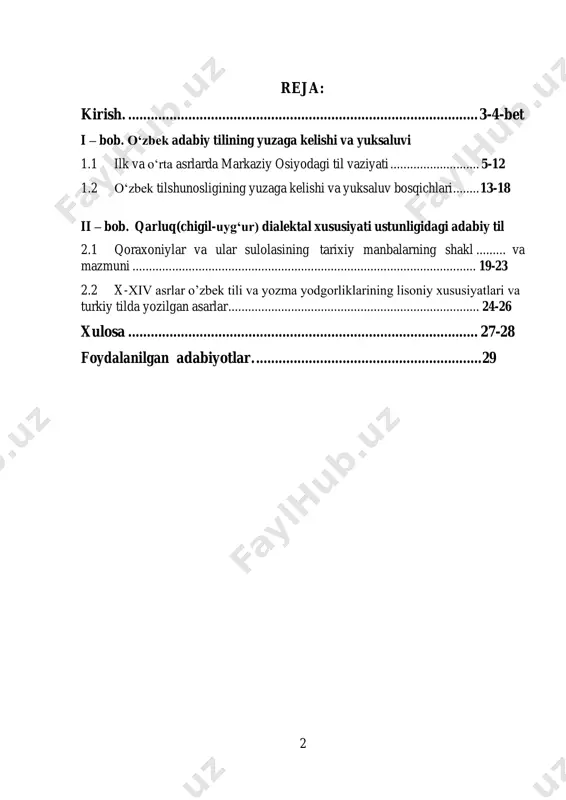 etgan emas, balki qarluq xususiyatlari ham bor. shu kabi xiv-xx asrlar davri o‘rta osiyo turkiy adabiy tili deb qaralgan. bu davrlarda o‘zbek tili allaqachon mustaqil til sifatida shakllangan edi. bu adabiy til o‘rta osiyo turkiy tili emas, asosan, qarluq tiliga asoslangan o‘zbek adabiy tili bo‘lgan. davrlashtirishda bu xususiyatlar ham hisobga olinmagan. a.nadjipning yozishicha, turkiy xalqlar yozma adabiy tilining shakllanishi va taraqqiyotida ikki dialekt, ya’ni: uyg‘ur-qarluq va o‘g‘uz-qipchoq tillari muhim o‘rin egallagan. xuddi ana shu til ta’sirida xi-xiii asrlar, jumladan, xiv-xv asrlar yozma adabiy tili shakllangan. bu davr yozma yodgorliklarida bu xususiyat o‘z aksini topgan. a.nadjip xuddi shu davrlarda, ya’ni xiii asrning ikkinchi yarmi va xiv asrlarda ikki xil adabiy markazda, aniqrog‘i, uch adabiy markazda (lahjaviy xususiyati jihatidan farqlanuvchi) mustaqil adabiy til shakllanganligini yozadi: 1. o‘rta osiyo turkiysi asosidagi adabiy markaz (uyg‘ur-qarluq lahjasi asosida rivojlangan adabiy til guruhi). bu til “qutadg‘u bilig”, “devoni lug‘otit turk”, “hibat-ul haqoyiq”, “tafsir”, “qisas ar-rabg‘uziy” kabi …