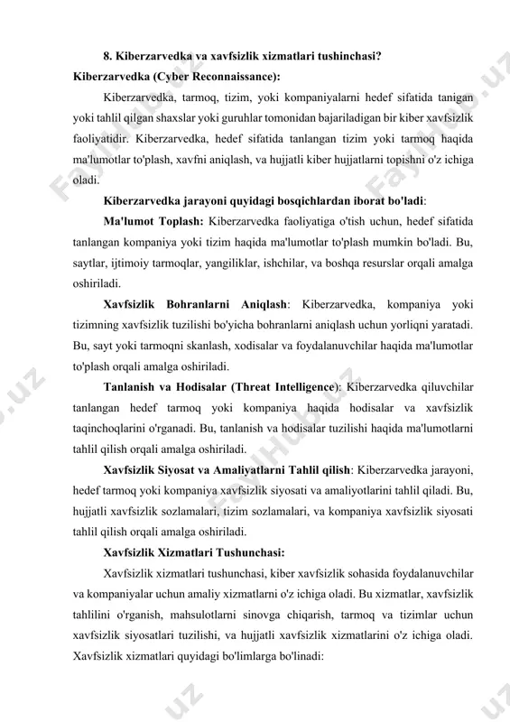 ir. kiberzarvedka, hedef sifatida tanlangan tizim yoki tarmoq haqida ma'lumotlar to'plash, xavfni aniqlash, va hujjatli kiber hujjatlarni topishni o'z ichiga oladi. kiberzarvedka jarayoni quyidagi bosqichlardan iborat bo'ladi: ma'lumot toplash: kiberzarvedka faoliyatiga o'tish uchun, hedef sifatida tanlangan kompaniya yoki tizim haqida ma'lumotlar to'plash mumkin bo'ladi. bu, saytlar, ijtimoiy tarmoqlar, yangiliklar, ishchilar, va boshqa resurslar orqali amalga oshiriladi. xavfsizlik bohranlarni aniqlash: kiberzarvedka, kompaniya yoki tizimning xavfsizlik tuzilishi bo'yicha bohranlarni aniqlash uchun yorliqni yaratadi. bu, sayt yoki tarmoqni skanlash, xodisalar va foydalanuvchilar haqida ma'lumotlar to'plash orqali amalga oshiriladi. tanlanish va hodisalar (threat intelligence): kiberzarvedka qiluvchilar tanlangan hedef tarmoq yoki kompaniya haqida hodisalar va xavfsizlik taqinchoqlarini o'rganadi. bu, tanlanish va hodisalar tuzilishi haqida ma'lumotlarni tahlil qilish orqali amalga oshiriladi. xavfsizlik siyosat va amaliyatlarni tahlil qilish: kiberzarvedka jarayoni, hedef tarmoq yoki kompaniya xavfsizlik siyosati va amaliyotlarini tahlil qiladi. bu, hujjatli xavfsizlik sozlamalari, tizim sozlamalari, va kompaniya xavfsizlik siyosati tahlil qilish orqali amalga oshiriladi. xavfsizlik xizmatlari …