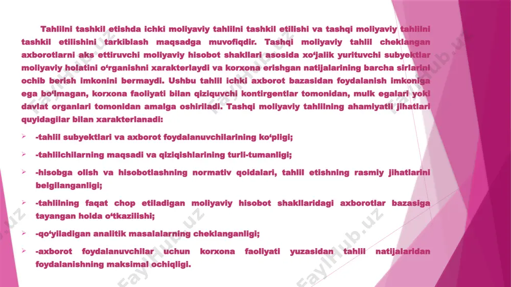lgilash va rejasini tuzish; moliyaviy tahlil yuzasidan ma’lumotlar bazasini to‘plash; moliyaviy tahlilni bevosita o‘tkazish bosqichi; tahlil natijalarini umumlashtirish va rasmiylashtirish bosqichi; qarorlar tayyorlash bosqichi; tahlil natijalarini realizatsiya qilish bosqichi. iqtisodiy tahlilni yoki moliyaviy tahlilni tashkil etishdagi yondashuvlar turlicha bo‘lganligi bilan ularning mazmuni albatta bitta jihatga ya’ni tahlilni sifatli va foydali o‘tkazishga qaratilgan. moliyaviy tahlil - moliyaviy hisobot ma’lumotlari asosida firma va kompaniyalarning moliyaviy holatiga iqtisodiy tashxis qo‘yishni tavsiflaydi. moliyaviy tahlilda firma va kompaniyalar mulki, kapitali va majburiyatlarining holatiga, faoliyat natijaviyligiga, asosiy va aylanma kapital holatiga va samaradorligiga, pul mablag‘lari va xususiy mablag‘larning holatiga baho beriladi. № farqlash belgisi ichki moliyaviy tahlili tashqi moliyaviy tahlil 1. obyekti bo‘yicha firma va kompaniyaning moliyaviy natijasi, moliyaviy holati, pul mablag‘larini keng qamrovli tahlili firma va kompaniyaning moliyaviy natijasi, moliyaviy holati, investitsion jozibadorlik, iqtisodiy nochorlik, reyting baholash, kreditga qodirlik 2. subyekti bo‘yicha firma va kompaniyaning o‘z xodimlari firma va kompaniyalar faoliyati bilan qiziquvchilarning keng doirasi …