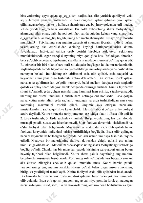 ik qonuni. harflarni alifbodagi tartibida yoddan aytish oson, uni teskarisiga aytish qiyin bo‗lganidek, xotirada ham ma‘lumotlarni ma‘lum tartibda joylashtirishga va kerak bo‗lganda, tartib bilan birin-ketin tiklash maqsadga muvofiqdir. kuchli taassurotlar qonuni. eslab qilinadigan narsa to‗g‗risidagi birinchi taassurot qanchalik kuchli bo‗lsa, unga aloqador obraz ham shunchalik yorqin bo‗ladi va siz uchun ahamiyatli ma‘lumotlar oqimida eslanayotgan material ham yaxshi esga tushadi. tormozlanish qonuni. har qanday yangi ma‘lumot o‗zidan oldingi ma‘lumotni tormozlaydi. oldingi ma‘lumotning o‗chib ketmasligi uchun, yangini esda saqlashdan avval, uni mustahkamlash choralarini ko‗rishingiz kerak3 . kasb xodimlari faoliyatida «kasbiy xotira - xodimning ilgari idrok etib amalga oshirgan, boshidan kechirgan, tezkor xizmat faoliyatiga aloqador va uni muvaffaqiyatli amalga oshirish uchun zarur bo‗lgan ma‘lumotlarni eslab qolish, esda saqlash va keyinchalik yana xotirada qayta tiklash xususiyatlarini ifodalovchi xislat»4 . kasb xodimlaridan faoliyatini tashkil etishda xotiraning muvaffaqiyatga erishtiruvchi asosiy jarayonlarini bilish talab etiladi. xotirada axborotni eslab qolish, keyin esga tushirish jarayoni subyekt faoliyatida katta ahamiyat …