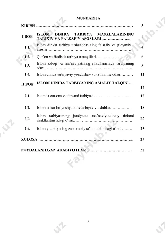 m dinining tarbiyaviy qarashlari ta'lim va tarbiya sohasida o‘zining dolzarbligini yo‘qotmagan. kurs ishining maqsadi: ushbu kurs ishining maqsadi islom dinining tarbiyaviy qarashlarini tahlil qilish, uning ta'lim tizimiga kiritgan yangiliklari va pedagogik g‘oyalarini o‘rganishdan iboratdir. islom dini tarbiya, ta'lim va ilmiy metodologiyaga oid g‘oyalari, uning asosiy tamoyillari va prinsiplarini chuqur o‘rganish zarur. shuningdek, islomiy tarbiya qarashlarining bugungi kunda ham ta'lim jarayonida qanday qo‘llanilishi va uning ta'lim tizimidagi o‘rni tahlil qilinadi. kurs ishining obyekti: kurs ishining obyekti sifatida islom dinining tarbiyaviy qarashlari va uning pedagogik g‘oyalari olinadi. qur'on va hadislarda bayon qilingan tarbiya prinsiplari, insonning axloqiy va ma'naviy rivojlanishiga doir qarashlari, o‘quvchilarning individual xususiyatlariga mos ta'lim berishning ahamiyati kabi masalalar o‘rganiladi. shuningdek, islomiy ta'lim metodlarining jamiyatda qanday tatbiq etilishi, tarbiya jarayonida murabbiyning o‘rni va o‘quvchilarga nisbatan ta'lim uslublarining samaradorligi tahlil qilinadi. islom dinining tarbiyaviy qarashlari nafaqat ta'lim va tarbiya, balki ilm-fan va madaniyatning rivojlanishiga ham katta ta'sir ko‘rsatgan. i bob. islom dinida …
