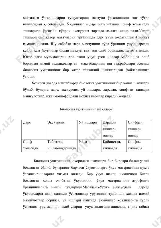 йди. қуйида биология ўқитишнинг асосий шакллари ҳақида тўхталамиз. дарс-биология ўқитишинг асосий шакли эканлиги, дарсга тайёрланиш мактаблардаги барча таълим-тарбия системаси мазмуни, методларнинг, тарбиянинг барча мураккаб комплекси дарсда амалга оширилади. дарс таълим ва тарбия жараёнининг ўзаро боғланиб ўқувчиларни билим ва малакаларни ўзлаштиришлари, эгаллашлари, билиш хусусиятларини ривожлантиришга хизмат қилувчи ўқитишнинг ташкилий қисми ҳисобланади. дидактиканинг барча талаблари дарслар пайтида амалга ошади. юқоридагиларга асосланган ҳолда «дарс ўқитувчининг ёши ва тайёргарлиги бир хил бўлган доимий ўқувчилар жамоаси – синф билан давлат дастури, қатъий дарс жадвали бўйича, мактаб биносида олиб борадиган таълим-тарбия ишларини ташкил этишнинг асосий шаклидир» деб таърифланади. ўқув дастурида кўрсатилган материаллар асосан дарсда ўрганилади. дарсда ўқув материалини янада яхши ўзлаштиришга хизмат қилувчи кўргазмали материаллардиан фойдаланиш. тажриба ва экспериментлар ўтказиш, ташкил этиш зарурияти аниқланади. асосий ўқув материали дарслар пайтида ўрганилади. биология таълимда фойдаланиладигон бошқа ўқитиш шакллари ўрганиладиган мавзу моҳиятидан келиб чиққан ҳолда танланади. биологиядан ўргаиш зарур бўлган ўқув материалларининг баъзилари моҳиятига кўра синф хонасида ўрганишни талаб …