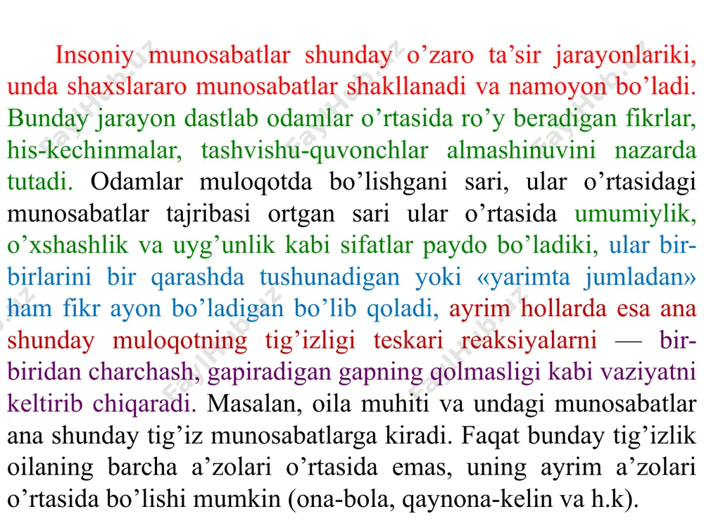 rishadi, so’rashadi, xol-ahvol so’raydi. shunisi xarakterliki, ta’ziyaga borgan chog’da ham ana shunday samimiyatli qabulni his qilamiz. bu kabi birlamchi kontakt usullari boshqa millat va xalqlarda ham bor, ya’ni bu jihat milliy o’ziga xoslikka ega. uning ikkinchi muhim funksiyasi sotsial tajribaga asos solishdir. odam bolasi faqat odamlar davrasida sotsiallashadi, o’ziga zarur insoniy xususiyatlarni shakllantiradi. odam bolasining yirtqich hayvonlar tomonidan o’g’rilanib ketilishi, so’ng ma’lum muddatdan keyin yana odamlar orasida paydo bo’lishi faktlari shuni ko’rsatganki, «mauglilar» biologik mavjudot sifatida rivojlanaveradi, lekin sotsiallashuvda ortda qolib ketadi. bundan tashqari, bunday holat boladagi bilish qobiliyatlarini ham cheklashi ko’plab psixologik eksperimentlarda o’z isbotini topdi. muloqotning yana bir muhim vazifasi — u odamni u yoki bu faoliyatga hozirlaydi, ruhlantiradi. odamlar guruhidan uzoqlashgan, ular nazaridan qolgan odamning qo’li ishga ham bormaydi, borsa ham jamiyatga emas, balki faqat o’zigagina manfaat keltiradigan ishlarni qilishi mumkin. masalan, ko’plab tadqiqotlarda izolyasiya, ya’ni odamni yolg’izlatib qo’yishning uning ruhiyatiga ta’siri o’rganilgan. masalan, uzoq vaqt termokamerada …