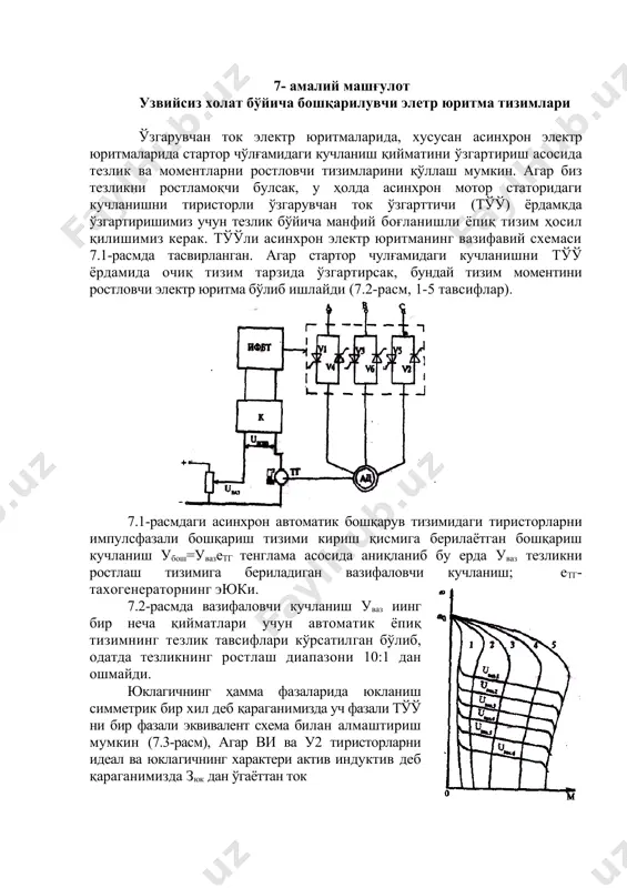 ан иборатдир. 7.2-расмда берилган тўў ишчи схемаларидаги тиристорларнинг тартиб сонлари таристорлар ишлашининг кетма-кетлигини анқлатаб, ги нинг уч фазали кўприк схемали туғрилагич учун мўлжалланган тиристорларни бошқариш учун ишлаб чиқарилаётган импулсларнинг тарқалиш диаграммаси ҳам тўў ишчи тиристор-ларини бошқаришга мос келади. асинхрон мотор учун φ ўзгарувчан кўрсаткич бўлиб, одатда φмин =20-30° дан " φмин =900 гача ўзгариши мумкин, αмин =φ бўлгани учун бошқарув бурчаги юклагич токи фазаси силжишининг функцияси бўлиб ўзгаради, бу эса албатга, ифбтни мураккаблаштиришга олиб келади. агар αмин ни ўзгармас қиймат дсб қарасак ва αмин= φмин бўлса, унда φ>φ қийматларида импулсларнинг кенглиги φ- αмин бўлиб, тўўда бир ярим даврли иш режим вужудга келади. ҳақиқатда λ>π бўлиб, ви тиристордан токнинг ўтиш вақти ярим даврдан кўпдир (7.4-расм). αмин + π га тенг вақтда в2 тиристор очилиши керак, аммо ви дан ток ўтиши тўхтамайди ва в2 нинг очилишига йўл қўймайди. ви дан ток ўгиши вақга тугаганда в2 га берилаёгган бошқарув импулс ўчади ва в2 …
