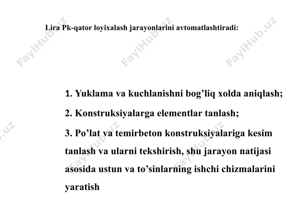di. нагрузка bu menyuda yuk turlarini va ularning qiymatlarini kiritish hamda ularning qo‘yiladigan tugun va zonalarini ko‘rsatish imkoniyatini beruvchi buyruqlar joylashtirilgan . bu menyuning dastlabki buyrug‘i bilan joriy yuklanishning tartib raqami kiritiladi. kopirovat tekusheye zagrujeniye (joriy yuklanishni nusxalash ) buyrug‘i hisob sxemasining barcha elementlari o‘zlarining xususiy og‘irliklaridan hosil bo‘ladigan yuklardan avtomatik ravishda yuklanishini ta’minlab beradi. udalit sobstvenniy ves (xususiy og‘irlikni o‘chirish) buyrug‘i oldingiga teskari bo‘lgan operatsiyani amalga oshiradi. yuklar menyu bandi. raschetniye sochetaniya usiliy (rsu) (hisobiy zo‘riqishlar jamlamasi) buyrug‘i hisobiy zo‘riqishlar jamlamasi jadvallarini hamda hjz hisobiy guruhlarini shakllantiruvchi va to‘g‘rilovchi buyruqlarini o‘zida jamlagan menyuni ekranga chiqaradi. dinamika buyrug‘i dinamik ta’sirlarga hisoblashni tashkil qilish imkoniyatini yaratib beruvchi jarayonlarga ega bo‘lgan menyuni chiqaradi. ustoychivost (ustuvorlik) buyrug‘i sxemaning umumiy ustuvorlikka hisoblanishini bajarish haqidagi ma’lumotlarni kiritishga mo‘ljallangan muloqot oynasini chaqiradi. modelirovaniye nelineynix zagrujeniy (chiziqli yuklanishlarni modellashtirish) buyrug‘i qadamli protsessorning tashkil qilinishini belgilovchi ko‘rsatkichlar: yuklanishlar raqami yoki yuklanishlar kombinatsiyasi, qadam usulining modifikatsiyalari kiritiladigan muloqot oynasini …