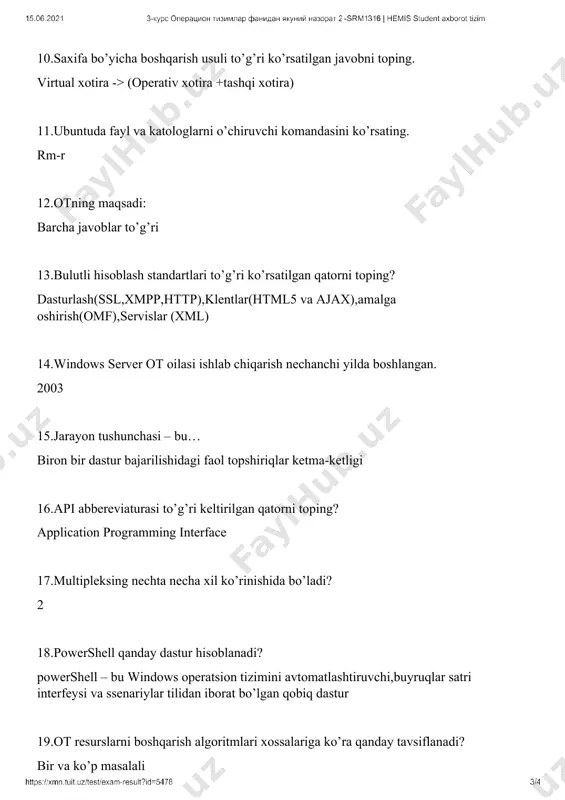 an operatsion tizimning ishonchligini(klassik arxetektura bilan taqqoslaganda)….. yuqori 24.qaysi domen kontrolleri xizmati http serveridan tashqari dastur va ma’lumotlar bazasidan iborat va manba fayllarni http orqali brauzerga yuborishdan oldin o’zgartiradi? dinamik veb server 25.berilgan 255.255.255.192/26 maskada ip adresslar soni nechta? 64 26.yagona bog’langan nom maydonini almashadigan domenlar to’plami……. deb nomlanadi. daraxt 27.grid hisoblash nima? taqsimlangan hisoblash 28.internet shlyuz xizmati nima uchun kerak? turli xil tarmoqlar o’rtasida trafikni uzatishni tashkil etish uchun mo’ljallangan dasturiy ta’minot. 29.ubuntu operatsion tizimida faylni o’chirish uchun qaysi buyruqdan foydalaniladi? rm 30.ubuntu operatsion tizimida yashirilgan fayllarni ko’rish uchun qaysi buyruqdan foydalaniladi? is-a 31.quyidagi misol uchun jarayonni rejalash algoritmini ko’rsating? job a 1, job b 2, job c3, job b5, job d9, job a14 “qolgan vaqti eng qisqa masala keying” lagoritmi 32.qaysi protokol osi modeli transport pog’onasi protokoli hisoblanadi? tcp 33.qaysi operatsion tizim bir foydalanuvchili va bir vazifali hisoblanadi? ms-dos 34.katolog bu……… ba’zi bir mezon bo’yicha guruhlangan fayllar to’plami …