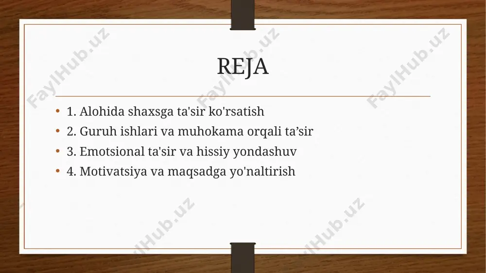 sh vaziyatlar orqali amalga oshiriladi, masalan, biror ijtimoiy muammoni ta'riflashda unga daxldor shaxsning his-tuyg'ulari va ta'sirini aks ettirish. bu orqali, o'quvchi o'ziga ta'sir qilish uchun emotsional javobni beradi. ishontirish metodining xususiyatlari va turlariga quyidagi jihatlar kiradi ishontirish metodini qo'llashda shaxsning psixologik holati, ijtimoiy pozitsiyasi, qarashlari va qadriyatlari inobatga olinadi. misol uchun, o'quvchining yoshiga, madaniyati va jamiyatdagi o'rnini bilish, uning fikrlash uslubi va shaxsiy ehtiyojlarini tushunish muhimdir. odamning psixologik va ijtimoiy xususiyatlarini inobatga olish fikr va qarashlarni o'zgartirish: ishontirish metodining eng asosiy maqsadi — odamning fikrlash va qarashlarini o'zgartirish, uni yangi g'oyalar yoki tamoyillarni qabul qilishga undashdir. odatda, bu usul, odamni avvalgi qarashlardan yoki noto'g'ri tushunchalardan xalos qilishda, yoki yangiliklarga ochiq qilishda qo'llaniladi. . ta'sir ko'rsatishning muhokama va suhbati orqali amalga oshirilishi: ishontirish metodida suhbati va muhokamalar muhim o'rin tutadi. bu metodda taraflar o'z fikrlarini erkin va asosli tarzda ifodalaydilar, bir-birining fikrlarini tinglaydilar va muloqot jarayonida bir-birini ishontiradilar. bu usul orqali …