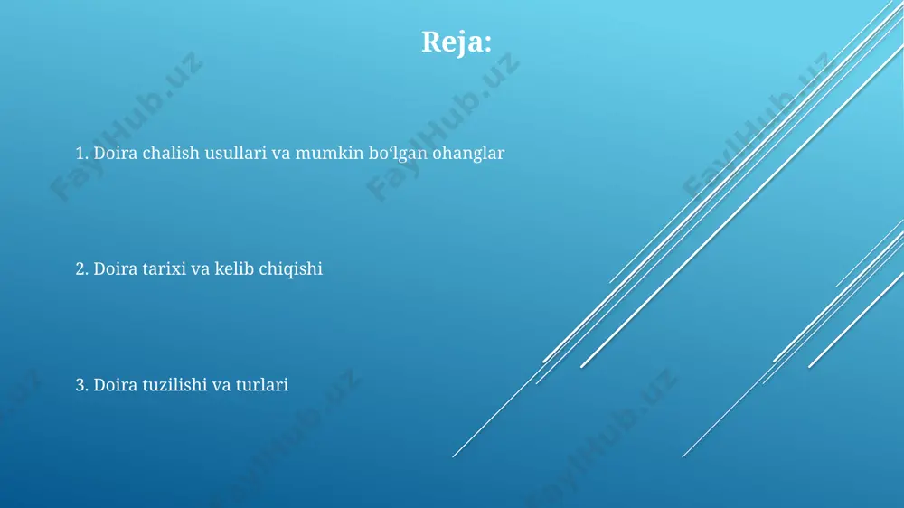 legro, andante) kuylar ijoziy imkoniyatlarini kengaytiradi. 5-7 kishidan iborat ansamblda doira ritmik asosni belgilaydi, qolgan cholg'ular – rubob, surnay, chang – esa melodik liniyani boyitadi va musiqiy to'qima hosil qiladi. doira chalishni o'rganish доира чалишнинг самарали ўзлаштирилиши учун ҳафтасига камида 3 марта, бир машғулот 1-1,5 соат давом этиши тавсия этилади. тўғри қўйиш ва бармоқларнинг техник жиҳатлари муҳим. мураккаб куйларни чалиш учун, минимал 6 ойлик изчил машқлар ва 10 дан ортиқ асосий ритмик шаклларни ўрганиш зарур, бунинг учун ўз-ўзини текшириш ва мунтазам мусиқа назарияси билан шуғулланиш керак. доира чалишни ўрганишда, бошланғич даражада 5 та асосий усул ва ритмик нақшларни эгаллаш 2-3 ой вақт талаб қилади, бу эса ўқитувчининг тажрибасига ва ўқувчининг қобилиятига боғлиқ. doira haqida qiziqarli ma'lumotlar doira chalish texnikasi juda murakkab bo'lib, barmoqlarning harakatlari, qo'llarning holati va tananing ritmik harakatlarini muvofiqlashtirishni talab qiladi va 10 dan ortiq chalishi mumkin. doira diametri 30 dan 70 sm gacha o'zgarib turadi va uning …