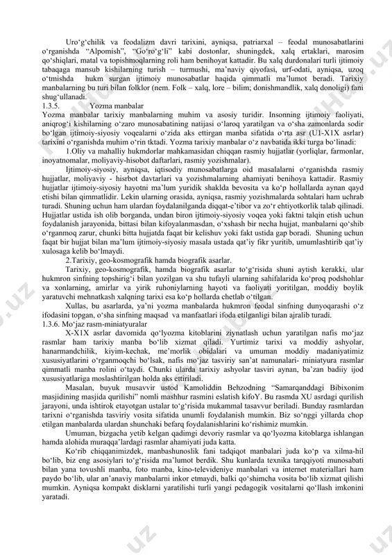 i о‘z ichiga oladi, lekin yozuv paydo bо‘lganiga esa kо‘p vaqt о‘tganicha yо‘q. masalan, sivilizatsiyaning ilk о‘choqlaridan biri bо‘lmish о‘rta osiyoda dastlabki yozuv arameycha xat negizida taxminan eramizdan avvalgi birinchi ming yillik о‘rtalarida paydo bо‘lgan. xat tarixchisi erkin oxunjonovning ma’lumotiga kо‘ra, yurtimizda arab istilosiga qadar о‘n sakkiz yozuv turi mavjud bо‘lgan ekan. lekin, afsuski, kо‘hna tariximizni о‘zida aks ettirgan yozma yodgorliklarning katta qismi bizning zamonamizgacha yetib kelmagan. ularning kо‘pchiligi bosqinchilik urushlari vaqtida, qolaversa tabiiy ofotlar oqibatida yо‘q bо‘lib ketgan. ilk tarixning ayrim lavhalari о‘tmishdan qolgan va insonning ijtimoiy faoliyati bilan bog‘liq bо‘lgan moddiy yodgorliklarda, aniqrog‘i ularning bizgacha saqlangan qoldiqlari yetib kelgan. xullas, moddiy (ashyoviy) manba deganda ibtidoiy odamlar istiqomat qilgan va dafn etilgan joylar, ularning mehnat va urush qurollari, bino va turli inshootlar (qal’a va qasrlar, hammomlar va karvonsaroylar, hunarmandchilik ustaxonalari hamda suv inshootlari va boshqalar)ning qoldiqlari, uy-rо‘zg‘or buyumlari va zeb-ziynat taqinchoqlari tushuniladi. moddiy yodgorliklarni qidirib topish va о‘rganish ishlari …