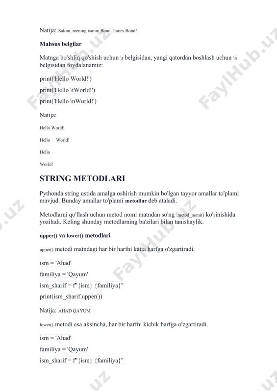 ydalanamiz. ism = input("ismingiz nima?") print("assalom alaykum, " + ism) yuqoridagi dastur, avval 1-qatorda foydalanuvchining ismini so'raydi. foydalanuvchi ismini kiritib, enter tugmasini bosgach, foydalanuvchi kiritgan matnism degan o'zgaruvchiga yuklanadi va dasturining 2-qatori bajaradi: natija: ismingiz nima?anvar assalom alaykum, anvar keling yuqoridagi kod va uning natijasini chiroyliroq ko'rinishga keltiramiz. ism = input("ismingiz nima?\n>>>") # foydalanuvchi ismini yangi qatordan kiritadi print("assalom alaykum, " + ism.title()) foydalanuvchidan qiymat olish amaliyot quyidagi mashqlarni bajaring: · quyidagi o'zgaruvchilarni yarating: · kocha="bog'bon" · mahalla="sog'bon" · tuman="bodomzor" · viloyat="samarqand" · yuqoridagi o'zgaruvchilarni jamlab, quyidagi ko'rinishda konsolga chiqaring: · bog'bon ko'chasi, sog'bon mahallasi, bodomzor tumani, samarqand viloyati · yuqoridagi o'zgaruvchilarning (kocha, mahalla, tuman, viloyat) qiymatini foydalanuvchidan so'rang. va avvalgi mashqni takrorlang. · yuqoridagi matnni konsolga chiqarishda har bir verguldan keyin yangi qatordan yozing · yuqoridagi matnni f-string yordamida, yangi, manzil deb nomlangan o'zgaruvchiga yuklang · manzilga biz yuqorida o'rgangan title(), upper(), lower() , capitalize() metodlarini qo'llab ko'ring. · …