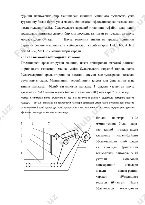 нинг пахта билан тўлдирилганлик даражаси 2/3 ёки 3/4 нисбатда бўлиши керак. п-1 га берилаётган толали маҳсулотлар ҳар хил илашувчанликка эга бўлса ва макшина бир меъёрда таъминланиб турилмаса, илашувчанлиги юқори компонентлар тез вак олдин, илашувчанлиги кам компонентлар секин ва кейин ажралиб чиқади. бу ходисага «сараланиб ажралиш» дейилади.бу ходисани камайтириш учун қуйидагилар зарур: 1. машинани бир хил маҳсулот билан таъминлаб туриш керак. 2. машинага солинадиган компонентлар бир хил миқдорда узлуксиз ташлаб турилиши керак. 3. илашувчанлиги юқори толалар илашувчанлиги паст толалар устида бўлишини таъминлашлозим. пахта толасини титиш - тозалаш жараёнининг иккинчи босқич машиналари. титиш-тозалаш жараёнининг иккинчи босқич машиналараининг асосий вазифаси пахта толасини пичоқли ёки қозиқли барабанлар ёрдамида қаттиқ ва қайта-қайта зарба билан пахта толаси бўлакчаларига ишлов берилади, натижада пахта бўлакчалари яна хам яхшироқ титилади, хас-чўплар ва нуқсонлардан тозаланади. 6 1 2 3 4 он-6 қия тозалагич. 1-бункер, 2-таъминловчи валиклар 3-таъминловчи цилиндр,4-қозиқли 5 барабан, 5-колосникли панжара, 6- пичоқлар. бу босқичда асосан қия қозиқли барабанлар …