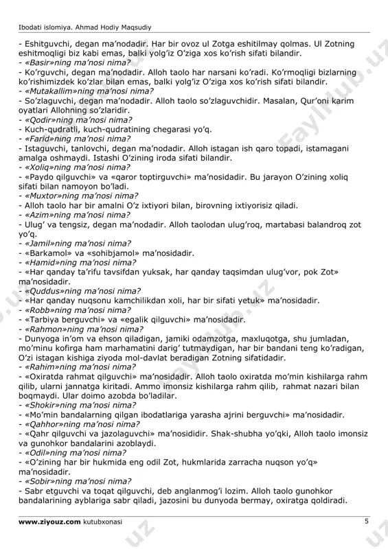 ardir? · alloh taolo mavjuddir, qadimdir, boqiydir, yagonadir, haydir, olimdir, some’dir, basirdir, mutakallimdir, qodirdir, fariddir, xoliqdir, muxtordir, azimdir, jamildir, hamiddir, quddusdir, robbdir, rahmondir, rahimdir, shokirdir, qahhordir, odildir, sobirdir, tavvobdir, g’ofirdir, mujibdir, nosirdir, hakimdir, g’aniydir, karimdir, razzoqdir, ma’buddir, hodiydir. · «alloh» so’zi nimani bildiradi? · alloh – olamni yaratgan haq ma’budning nomidir. forsiycha «xudo», turkiycha «tangri» deyiladi. · «alloh» so’zining o’xshashlari ham bormi? · bor. katta kitoblarda to’qson to’qqiz xil nomlanadi. biz esa o’ttiz besh turinigina ta’riflaymiz. · «mavjud»ning ma’nosi nima? · doimo bor bo’lgan va bundan keyin ham bor bo’lguvchi va hech qanday bor qilguvchiga muhtoj bo’lmagan zot demakdir. · «qadim»ning ma’nosi nima? · boshlanishi yo’q. ya’ni, qachondir yo’q bo’lib, so’ngra bor bo’lgan emas, balki doimo bor bo’lgan. · «boqiy»ning ma’nosi nima? · borligining va bor bo’lmoqligining so’ngi yo’q: abadiydir, borlikdadir. · «ahad»ning ma’nosi nima? · yagona, demakdir. ya’ni, «uning sherigi yo’q» ma’nosidadir. · «hay»ning ma’nosi nima? · tirik, ammo …