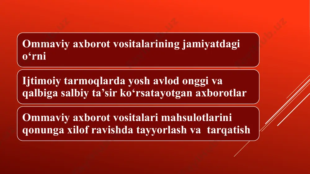 arkib bilan nashr etilgan dolzarb, ammo tezda eskirgan ma'lumotlarni taqdim etadigan davriy nashr. almanaxlar - adabiy va ilmiy-ommabop asarlarni nashr etishga ixtisoslashgan to'plamlar. bosma nashrlarga- ommaga kam ma'lum bo'lgan boshqa toifadagi nashrlar kiradi. boshqa media toifalari quyidagicha tavsiflanadi: televizion dasturlar - bu ma'lum bir chastota spektridagi signal shaklida kompaniya tomonidan eshitiladigan audiovizual xabarlar va dasturlarning jamoalari. doimiy sarlavha va davriy translyatsiya talab qilinadi. radio dasturlari, xuddi televizion dasturlar singari ma'lum bir elektromagnit maydon shaklida efirga uzatiladigan audio xabarlarning komplekslari. o'zgarishsiz sarlavha va chiqish chastotasi ham talab qilinadi. maxsus ommaviy axborot vositalari - bu qonunlar bilan belgilangan ma'lumotlarni ro'yxatdan o'tkazish va tarqatishning o'ziga xos qoidalari mavjud bo'lgan nashrlar. ommaviy axborot vositalarining turlari va funksiyalari. o‘zbekistonda 2021—2022-yillarda ommaviy axborot vositalari (oav) va telegram-kanallari behayolik, zo‘ravonlik va diniy adovat qo‘zg‘atuvchi 18 mingdan ortiq axborot tarqatgani aniqlangan. bu haqda senatning 26- yalpi majlisida axborot va ommaviy kommunikatsiyalar agentligi direktori asadjon xo‘jayev ma’lum qildi, deya …