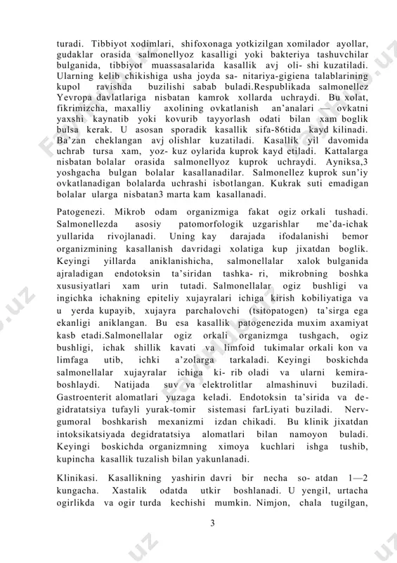 rarlangan buladi.bemor odam yoki bakteriya tashuvchi xam infektsiya man­bai bula oladi. infektsiya manbai sifatida odamning urni xayvonlar urniga nisbatan kam. odamdan kasal­lik atrofdagilarga asosan kundalik bevosita mulokot yuli bilan, ifloslangan anjomlar vositasida tarkala- di. bemor yoki bakteriya tashuvchi ovkat tayyorlash, tashish, sotish bilan mashgul bulgan xollarda salmonellalar boshka ichak infektsiyalaridagi kabi ovkat maxsulotlari vositasida tarkaladi.salmonellez tarkalishida asosiy omil ovkat max­sulotlari xisoblanadi. bunda mikrob soglom odam orga­nizmiga zararlangan xayvon gushti yoki tuxumi vositasi­da ogiz orkali tushadi. ba’zi xollarda kasal xayvon chikindilari suvga tushib, suv odamlar orasida salmo- nellyoz tarkalishida asosiy omil bulib xisoblanadi. kasallik ushbu yul bilan tarkalganida odatda, shu suv manbaidan foydalanadigan axoli orasida salmonellyoz katta yo kichik avj olish xolida kayd etiladi.oilada katta yoshdagi odam salmonellyoz bilan og- riganida mulokot orkali kasallik atrofdagi bolalar- ga, ayniksa, gudaklarga tarkalishi mumkin. xastalik- ning bunday yukishi ayniksa tugrukxonalar va gudaklar bulimida kuprok uchrab turadi. tibbiyot xodimlari, shi­foxonaga yotkizilgan xomilador ayollar, gudaklar orasi­da …