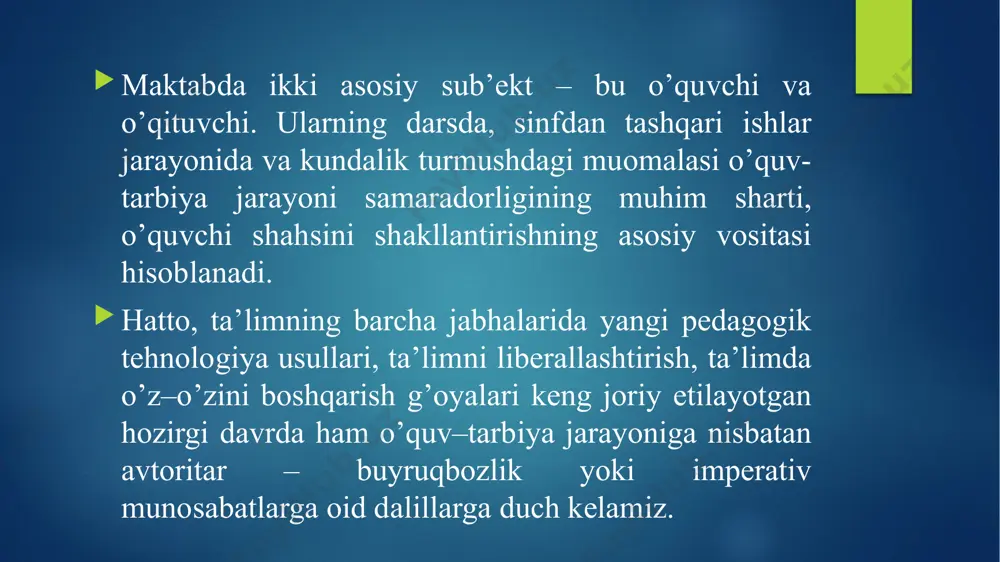 a o’zini qo’yib ko’rish orqali insonni inson tomonidan tushuntirish tuyg’ulari shakllantiriladi. o’qituvchilar bu vazifani o’quv-tarbiya jarayoniga tatbiq etadilar, ya’ni o’quvchilarni darsning ayrim elementlarini mustaqil olib borishga jalb etadilar. pedagogik muomalaning o’zoro hamfikrlik vazifasini amalga oshirish boshqa kishi his–tuyg’ularini tushunish shart–sharoitini vujudga keltirib, boshqalar fikrini qabul qila olish qobiliyatlarini shakllantiradi. bu esa o’zaro mo’’tadil munosabatni ta’minlaydi. o’zaro hamkorlikda ish olib borish uchun o’qituvchi bolani, uning ehtiyojlarini, tasavvurlarini tushunishi juda muhimdir. muomalaning o’zaro ahborot almashish vazifasini amalga oshirish bilan o’qituvchi o’quv materiali mazmuni hamda ma’naviy qadriyatlarni o’quvchiga etkazish jarayonini vujudga keltiradi. bu esa o’quvchilarda ijobiy o’quv motivlarni va ongli izlanish ko’nikmalarini shakllantirishga yordam beradi. foydalanilgan adabiyotlar p. yusupоva. «maktabgacha tarbiya pedagоgika» «ukituvchi» t- 1993y. muxabbat rasulоva va «uchinchi ming yillikning bоlasi» tayanch dasturi.t-2002y. «bоlalar bоgchasida ta’lim-tarbiya dasturlari» muminоva, sоbirоva va bоshkalar. ye.t.nedоpekina, a.v. nikоl’skaya «maktab busagasida» «ukituvchi»t- 1971y. image2.png image3.png image4.png image5.png /docprops/thumbnail.jpeg