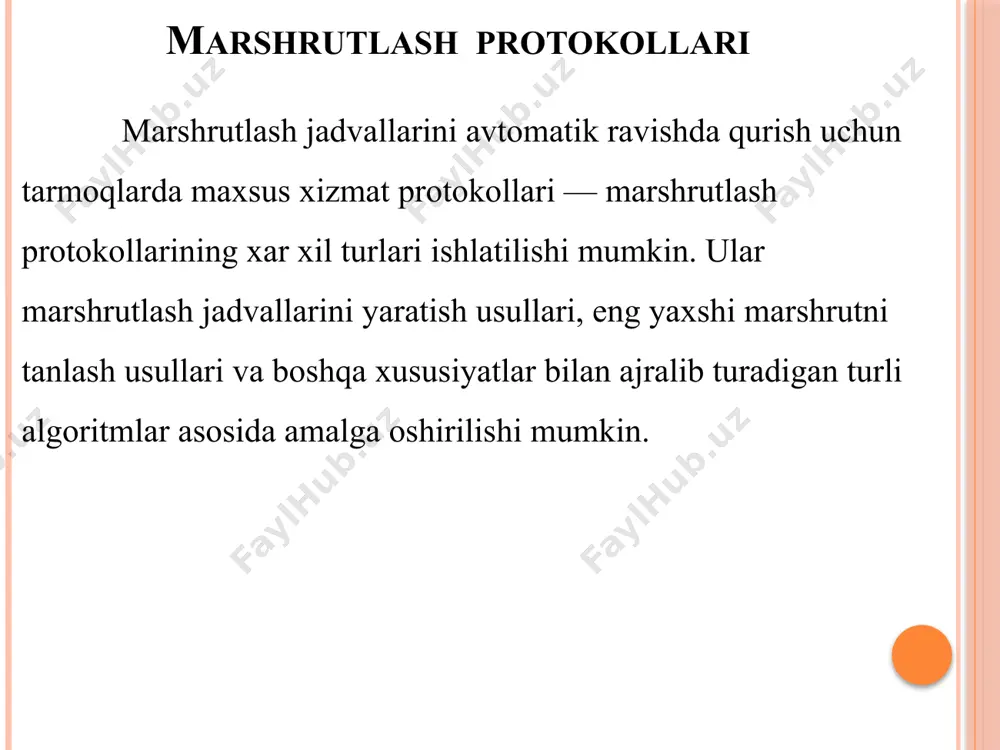 -qabulagichga paketni yo’lini aniqlaydigan algoritm (marshrutlashtirish algoritmi) hisoblanadi. marshrutlashtirish algoritmining vazifasi oddiy: berilgan marshrutizatorlar va ularni bog’laydigan liniyalar ko’pligi uchun marshrutlashtirish algoritmi marshrutizator-manbadan marshrutizator-qabulagichga “optimal” yo’lni aniqlaydi. “optimal” so’zi “minimal narxli” yo’lni bildiradi. biz ko’ramizki, biroq amalda o’yinga xavfsizlik masalalari kabi strategik mulohazalar kiradi. marshrutlashtirish algoritmlarini ifodalash uchun tarmoq graf sifatida qaraladi. grafning tugunlari paketlarni harakatlanishi haqida qaror qabul qilinadigan marshrutizatorlar-nuqtalar, bu tugunlarni bog’laydigan liniyalar (graflar nazariyasi terminologiyasiga muvofiq “qirralar” deyiladigan) esa marshrutizatorlar orasidagi fizik liniyalar hisoblanadi. har bir aloqa liniyasiga bu liniya bo’yicha paketning qayta uzatilishi “narxidan” iborat bo’lgan qandaydir qiymat mos keladi. narx liniyaning fizik uzunligiga (masalan,transokean kabeli bo’yicha kadrni uzatilishi narxi quriuqlikda yotqizilgan qisqa kabel bo’yicha uzatish narxidan qimmat bo’lishi mumkin), liniya bo’yicha ma’lumotlarni uzatish tezligiga yoki liniyaning moliyaviy narxiga bog’liq bo’lishi mumkin. tarmoqning abstrakt modeli. global marshrutlashtirish algoritmi tarmoq haqidagi to’liq ma’lumotlar yordamida jo’natuvchidan oluvchigacha eng kam narxli yo’lni topadi. hisoblashlarning o’zi qandaydir bitta kompyuterda amalga …