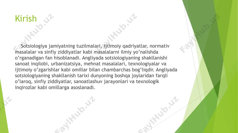 gik tahlil ob’ekti hisoblanadi. angliyada sotsiologiyaning bugungi yo’nalishlari ijtimoiy tarmoqlar, migratsiya, pandemiya, gender tengsizliklari, sinfiy tafovutlar kabi masalalarga qaratilgan bo’lib, dunyoning boshqa davlatlarida ham dolzarb masalalarga ta’sir ko’rsatmoqda. shu bilan birga, angliyada sotsiologiyaning bugungi nazariy yo’nalishlari jamiyatdagi o’zgarishlarni tahlil qilishda, yangi texnologiyalarni ijtimoiy ta’sirlarga ta’sirini aniqlashda asosiy tahlil vositasi bo’lib kelmoqda. foydalanilgan adabiyotlar roʻyxati 1. giddens, a. (2013). sotsiologiyaning asosiy tushunchalari. cambridge: polity press. 2. parsons, t. (1951). the social system. 3. castells, m. (2010). the rise of the network society. 4. bryman, a. (2015). social research methods. 5. smart, b. (1993). postmodernity. sage publications. 6. becker, h.s. (2002). outsiders. 7. hochschild, a.r. (2012). the second shift. 8. hoggart, r. (2010). the uses of literacy. 9. boudon, r. (2003). theories of social change. 10. simmel, g.h. (1950). the sociology of georg simmel. 11. beck, u. (1992). risk society: towards a new modernity. 12. bourdieu, p. (1984). distinction: a social critique …
