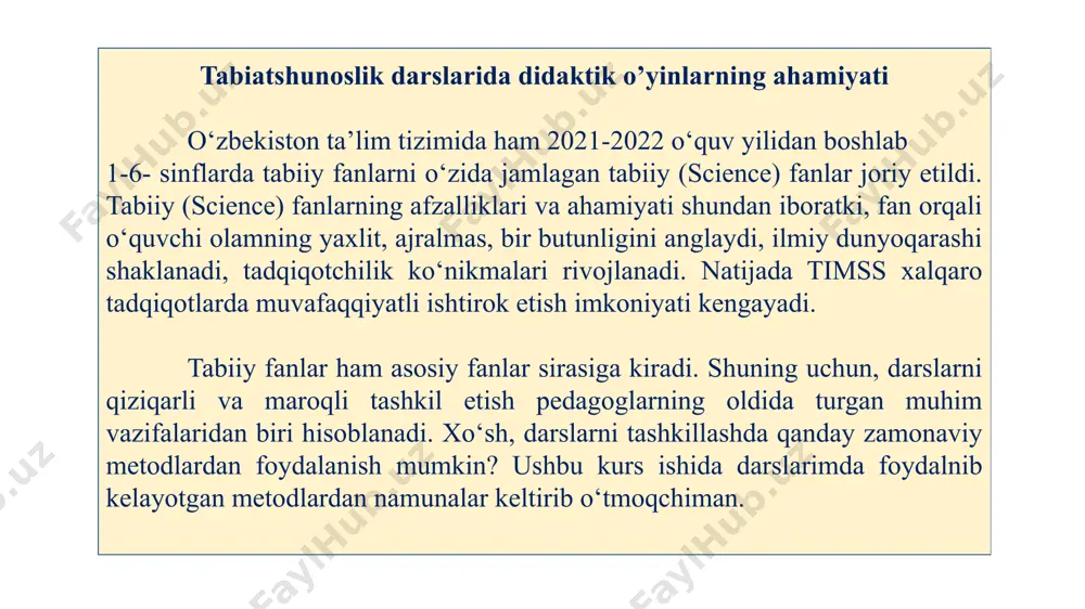 qlanadi. suhbat natijasida o'quvchilar o'qituvchi rahbarligida tegishli xulosa chiqarishlari, xulosani umumlashtirishlari kerak. suhbat o'quvchilarga notanish bo'lmasligi lozim: hali o'quvchilar o'zlashtirmagan, bilmagan bilimlarni «aniqlash» uchun vaqtni bekorga sarflash yaramaydi. suhbat yakunlovchi, umumlashtiruvchi va yangi bilimlarni eskilari bilan bog'lovchi darslarda alohida ahamiyatga ega. suhbatning bosh maqsadi shundaki, bunda o'qituvchi rahbarligida o'quvchilar ongida tabiat jismlari hamda hodisalari haqida to'g'ri tasavvur va tushunchalar shakllanadi. tabiat bilan tanishtirishning birinchi bosqichida suhbat o'qituvchining savollar berishi va chaqirgan o'quvchilarning savollarga javob berishi shaklida kechadi. keyin suhbat boyib, kengayib boradi. didaktik o‘yinlar ta’limiy maqsadlarni amalga oshiradigan va ularga moslashtirilgan bo‘ladi. didaktik o‘yinlar tizimidan birinchi marta maktabgacha jarayonida foydalanishga doir f.fribil va m.montisorilar ishlab chiqqan bo‘lsa, boshlang‘ich ta’lim uchun o. dikroli tadqiqotlar olib borgan. 60-70 yillardan boshlab faqat boshlang‘ich ta’limda emas, umumiy o‘rta ta’limda ham foydalanila boshladi. 80-yillarda ayniqsa, ishbop o‘yinlar keng tarqala boshlandi. metod va metodik uslublar o'zaro chambarchas bog'liq bo'lib, bir-biriga o'tishi mumkin. masalan, o'quvchilarning turli xil …