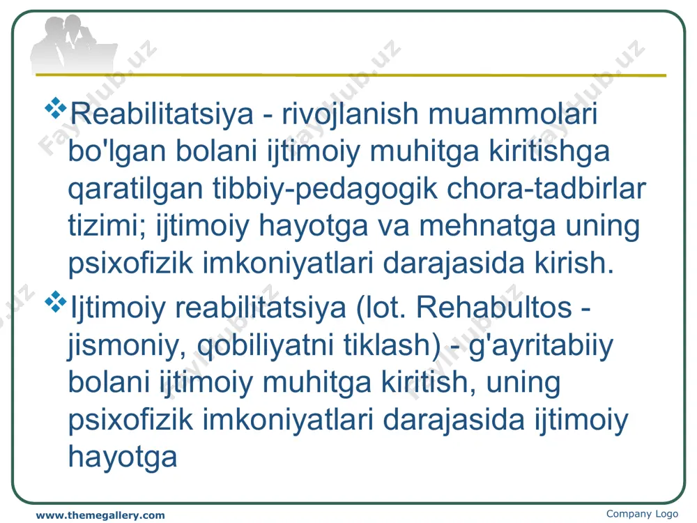 'lchov.norm - ideal shakllanishning bir turi, ob'ektiv voqelikning ramzi, voqelikni tavsiflovchi, lekin unda mavjud bo'lmagan ma'lum o'rtacha statistik ko'rsatkich. tuzatish pedagogikasida "me'yor" va "og'ish" tushunchalari ma'lum bir boshlang'ich nuqtani aniqlashga imkon beradi, unga nisbatan ma'lum og'ishlarni keltirib chiqaradigan sabablarni aniqlash, ularning ta'lim jarayoniga qanday ta'sir qilishini aniqlash, bolani tarbiyalash va ijtimoiylashtirish. va shu asosda o'qituvchining amaliy faoliyatini qurish. company logo www.themegallery.com company logo oddiy va g'ayritabiiy odamlar o'rtasidagi farq shundaki, birinchisining aqliy xususiyatlari tasodifiy xususiyat bo'lib, ular tegishli harakatlarni qilishga tayyor bo'lsalar, o'zlarini osongina ozod qilishlari mumkin. норма аномалия переходная форма o'rtacha statistik norma - bu bir xil yoshdagi, jinsi, madaniyati va boshqalar bo'lgan odamlarning vakillik guruhini so'rov qilish natijasida olingan o'rtacha sifat va miqdoriy ko'rsatkichlarga mos keladigan shaxsning psixo-ijtimoiy rivojlanish darajasi. funksional me'yor - individual rivojlanish normasi. har qanday og'ish faqat har bir shaxsning individual rivojlanish tendentsiyasiga nisbatan og'ish deb hisoblanishi mumkin. bolaning normal rivojlanishi uchun shartlar miya va …