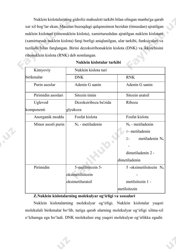teriya xujayrasidagi dnk ning molekulyar og‘irligi 1 mlrdga yetar ekan. rnk ning molekulyar og‘irligi esa hyech qachon dnk ning molekulyar og‘irligiga yaqinlashmaydi desak mubolag‘a bo‘lmaydi. molekulyar og‘irligiga qarab rnk lar 2 ta guruhga bo‘linadi, kichik molekulali va yuqori molekulali rnk. bu 2 xil rnk lar bir- biridan nafaqat tubdan farq qiladi, balki organizmdagi funksiyalari (vazifalari) ham o‘zgachadir. kichik molekulali rnk larning molekulyar og‘irligi 18000-35000 gacha yetadi. ular ajralish jarayonida cho‘kma tutmay, erigan xujayra eritmasida qolganligi uchun eruvchan rnk deb nomlanadi. qisqacha s- rnk ya'ni (soluble - eruvchan) yoki (supernatant - cho‘kma ustidagi eritma) deyiladi. yuqori molekulali rnk larning molekulyar og‘irligi bir necha yuz mingdan to bir necha mlngacha yetadi. yuqori molekulali rnk larning uch xil turi mavjud. 1). ribosomal rnk (rrnk) ribosomalarda to‘planadi va 2 xil molekulyar og‘irligi kuzatiladi. a) m=500000-600000, b) m=1,0 mln -1,2 mln 2) informatsion rnk (irnk) yoki axborot rnk mrnk messager - o‘rtada turuvchi deb nomlanadi, …