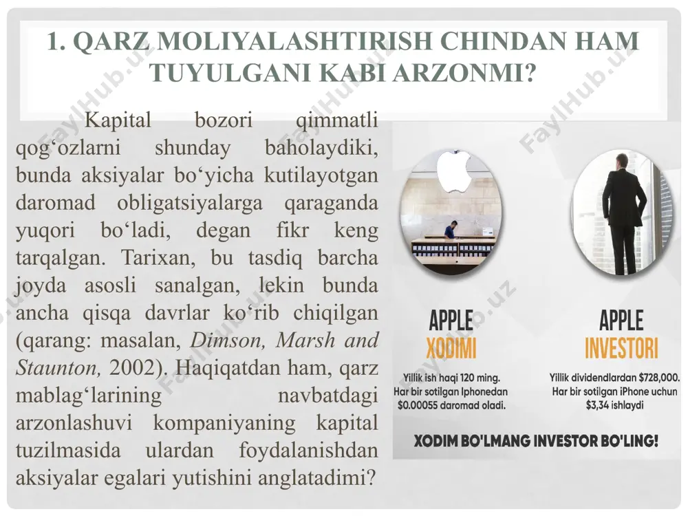 mer plc kompaniyasining har bir kemadan daromadi yiliga 70,000 f. st. gacha qisqardi, deb faraz qilaylik. bu esa quyidagini anglatadi: demak, obligatsiyalar mablag‘larning arzon manbalari ekanligi shubhasiz, lekin oddiy aksiyalar egalari uchun yashirin xarajatlarga sabab bo‘ladi. 2. tadbirkorlik va moliyaviy risklar quyidagi jadvalda ijaradan foydaning turli darajalarida yuqorida ko‘rib chiqilgan ikkala moliyalashtirish sxemasining har biri (to‘liq o‘z mablag‘lari hisobiga va 50% qarz mablag‘lar hisobiga moliyalashtirish) uchun la mer plc kompaniyasining bir aksiyasiga yillik dividend keltirilgan (ikkinchi yaxta sotib olingan va butun ehtimoliy foyda dividendlar ko‘rinishida to‘lanadi, degan shart bilan). ikkita turli moliyaviy tuzilmalarning har biri uchun foydaning turli darajalarida la mer plc kompaniyasi aksiyalarining daromadliligi, f. st. (a) bir kema ijarasidan yillik foyda 0 50 000 100 000 150 000 200 000 barcha mablag‘lar – o‘z (b) foyda ([a] × 2] 0 100,000 200,000 300,000 400,000 (c) aksiya foydasi (b) /2,000,000] 0 0,05 0,10 0,15 0,20 50% qarz mablag‘lari (d) …