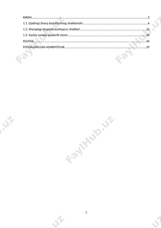y tuzilmani kompleks o‘rganishga uringan fundamental tadqiqotdir. o‘zbek tarixshunosligida esa d.j. urakov va b.b. xaynazarovning “jahon tarixi” kabi o‘quv qo‘llanmalari, l.b. qodirovaning “jahon sivilizatsiyalari tarixi” asari despotik boshqaruvlarning umumiy xususiyatlarini bayon qilgan. ammo ushbu manbalarda mavzu chuqur va muayyan regionlar — misr, mesopotamiya, hindiston, xitoy va eron misolida sistematik tahlil qilinmagan. ayniqsa, despotik boshqaruv shakllarining quldorlik tizimi bilan bevosita aloqasi, ularning harbiy va mafkuraviy jihatlari hali to‘liq ochib berilmagan. shu jihatdan bu kurs ishi ilmiy adabiyotlardagi bo‘shliqni to‘ldirishni maqsad qiladi. kurs ishining maqsadi va vazifalari. ushbu kurs ishining asosiy maqsadi – qadimgi sharq davlatlarida shakllangan despotik boshqaruv tizimlarining mohiyatini, shakllanish omillarini, ularning ijtimoiy, siyosiy, harbiy va mafkuraviy hayotdagi o‘rnini o‘rganish, tarixiy dalillar asosida bu boshqaruvning quldorlik tizimi bilan bog‘liqligini ochib berishdan iborat. shu maqsadni amalga oshirish uchun quyidagi vazifalar belgilandi: 1. qadimgi sharq davlatlarining (misr, bobil, xitoy, hindiston, eron) shakllanish omillarini tahlil qilish; 2. despotik boshqaruvning huquqiy, mafkuraviy va iqtisodiy …
