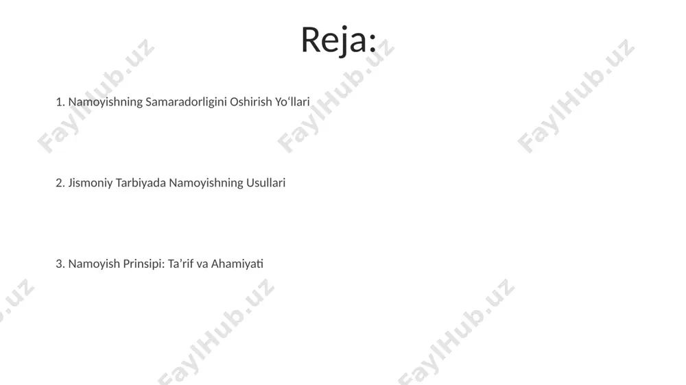 rakatlarini namunali bajarishlarini namoyish etish orqali 10-15 minut davomida tushuntirishni o‘z ichiga oladi, samarqanddagi maktablar misolida ko‘rsatilganidek. namoyish qilishning turlari namoyish qilishning 2-turi: video yordamida 5 ta turli jismoniy mashqlarni namoyish etish, undan keyin o'quvchilarga samarqanddagi 10 nafar sportchining bajargan mashqlarini taqqoslash topshirig'ini berish. namoyish qilishning 3-turi: andijon viloyatidan kelgan 2 ta sport murabbiyining 4 xil raqs harakatlarini namoyon qilishini kuzatish va o'quvchilarga har bir harakatdagi 7 ta muhim nuqtani aniqlash vazifasini qo'yish. namoyish qilish jarayonida o’qituvchining roli o’qituvchining roli, farg’onadagi olimpiya zali sharoitida, o’quvchilarning 3 guruhga bo’linishi va har bir guruhga 2 xil harakatning turli usullarini namoyish qilib, ularni solishtirish va eng samarali usulni aniqlashga yo’naltirishi muhimdir. o’qituvchi, toshkentdagi maktabda o’tkazilgan mashg’ulotda, harakatni 10 darajali ball sistemasidan foydalanib, 7 balldan kam baholagan o’quvchilarga individual yondashuv bilan qo’shimcha tushuntirishlar va namoyishlarni taqdim etishi lozim. namoyish qilishda xavfsizlik choralari har bir mashqni namoyish qilishdan oldin, ishtirokchilarga 3 ta asosiy xavfsizlik qoidasi …