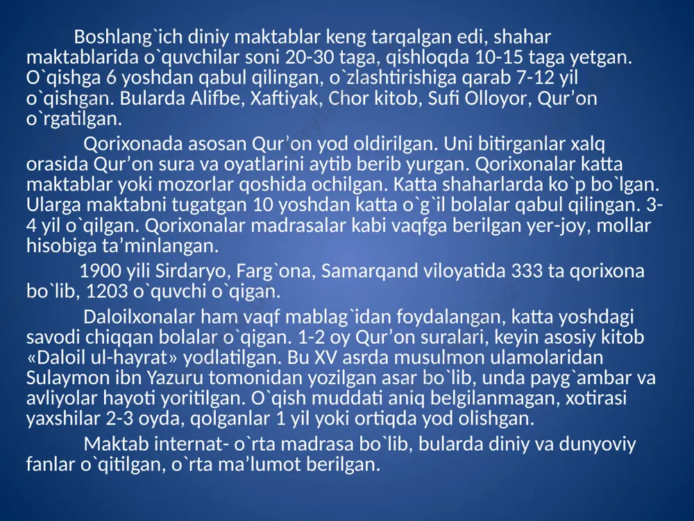 lar qo`llanib kelinadi. kitobning kirishida tez savod chiqarishga oid maslahat berilgan. alifbe 46 betdan iborat bo`lib, 90 ta dars uchun mo`ljallangan edi. 1907 yili shakuriyning 2-kitobi «jameul hikoyat» (hikoyalar to`plami) yoziladi. u boshlang`ich sinf 2-sinfi uchun xrestomatiya tarzida bo`ladi. shakuriy 1923 yili «pravda» gazetasi e’lon qilgan «eng yaxshi o`qituvchi» konkursining g`olibi deb topiladi. jadidchilikning asoschisi qrim-tatar ma’rifatparvarlaridan bog`chasaroylik ismoilbek gaspirali (1851-1914) hisoblanadi. u «usuli savtiya»ni boshlab berdi. barcha turkiy xalqlarni yagona millat deb bildi, millatning ravnaqi uchun kurashdi. 1883 yili «tarjimon» gazetasini chiqara boshlaydi. 1884 yili 12 bolani «usuli jadid»da o`qita boshlaydi. bolalar 40 kunda savod chiqarishadi. imtihon o`tkazadi. ular uchun «xujai siben», «bolalar muallimi» birinchi darsligini tuzadi. yangi usul maktablarda quyidagilarga e’tibor qaratilgan edi: sinfda bolalar 30 dan oshmasligi; 2 marta yoz va qishda bolalarni maktabga qabul qilish; 1 muallimda 3-4 sinf bulishi; dars 5 soatdan oshmasligi, har darsdan so`ng 10 daqiqa tanaffus; juma va bayram kunlari dam olinishi, …