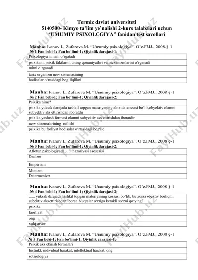 umumiy psixologiya test savollari — DOC