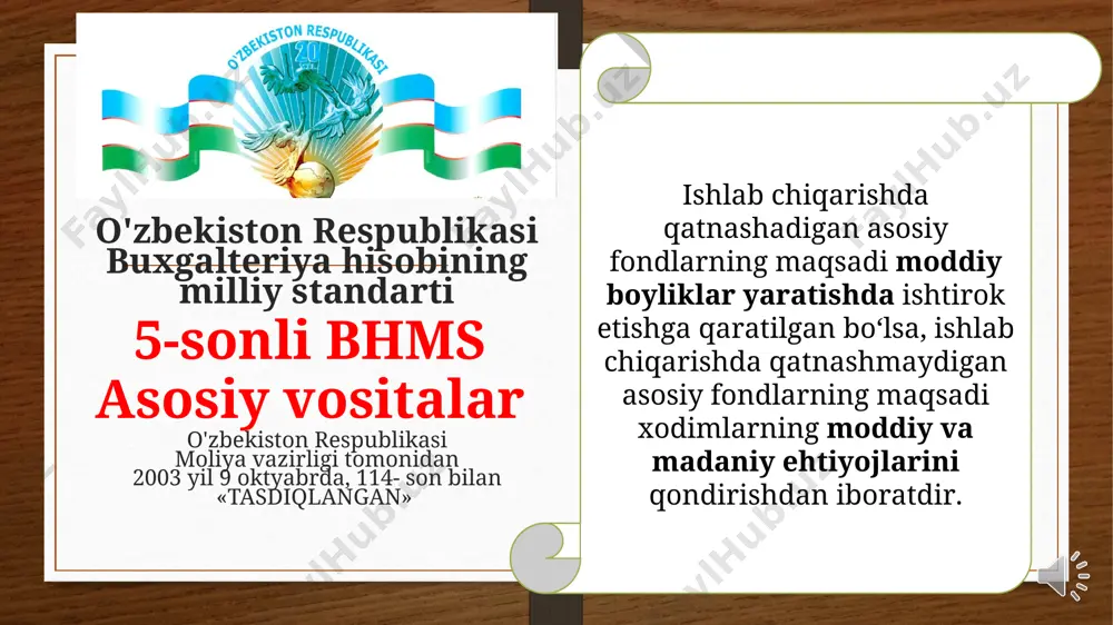 ymatini hisoblash uchun jami foydalanish muddati davomida umumiy baholangan ishlab chiqarishni hamda har bir aniq yildagi ishlab chiqarishni oldindan aniqlash lozim.ishlab chiqarish sifatida ishlab chiqarilgan mahsulot, ishlangan soatlar miqdori va hokazolar olinishi mumkin. bajarilgan ish hajmiga ko’ra amortizatsiyahisoblash usuli obyektlardan foydalanish muddati, ularning tuzilish xususiyatlari bilan cheklangan hamda mazkur aktivlarning xo’jalik faoliyati hajmi yilma-yil o’zgargan hollarda qo’llaniladi. bajarilgan ish hajmiga ko’ra amortizatsiya hisoblash misol. «malika» hissadorlik jamiyatida asosiy vositaga eskirish hisoblash bo’yicha quyidagi ma’lumotlar mavjud: • asosiy vositaning balans qiymati – 50000000 so’m; • tugatilish qiymati – 2000000 so’m; • xizmat muddati – 5 yil. xo’jalik yurituvchi subyektda shu davr mobaynida 480 000 000 so’mlik mahsulot ishlab chiqarildi. 1-yilda – 80 000 000, 2-yilda – 120 000 000, 3-yilda – 100 000 000 , 4-yilda – 80 000 000, 5-yilda - 100 000 000 so’mlik mahsulot ishlab chiqarildi. mahsulot birligiga ketgan amortizatsiya xarajatlari quyidagiga teng: bajarilgan ish hajmiga ko’ra amortizatsiya …
