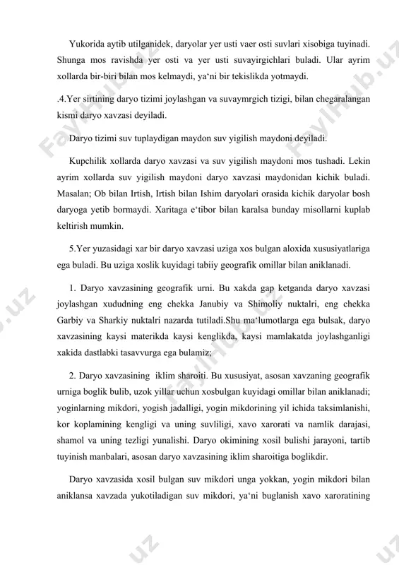 g energiyasini aniklashga imkon beradigan daryo xavzasi va uzanining nishabligi, xavzaga yogadigan yoginlarning balandlik buyicha taksimlanishi rel‘ef bilan boglikdir; 5. daryo xavzasining tuprok va usimlik koplami. xavzada xosil bulgan shimilish jadalligi, daryoga tushadigan okiziklar mikdori va ularning yiriklik darajasi daryo xavzasining tuprok koplami bilan boglikdir. usimlik koplami esa, xavzadan buladigan buglanish mikdriga ta‘sir kiladi. usimlik turiga boglik tarzda ayrim xollarda (kamish, bordon) buglanishini jadallashtirishi, ayrim xollarda (urmonlar) esa kamaytirish mumkin. usimlik koplami daryo xavzasida yer sirtidan buladigan yuvilish mikdorini keskin kamaytiradi. 6. daryo xavzasining gidrogirafiyasi. daryo xavzasida joylashgan kullar, botkokliklar, muzliklar, daryo okimia xar tomonlama ta‘sir kursatadi. bu ta‘sirni urganish uchun xavzaning botkoklanganlik kullanganlik va urmon bilan koplanganlik koeffitsientlaridan foydalaniladi.ifodalardagi mos ravishda umumiy maydonning botkoklik, kullar va urmonlar egallagan yuzasi. ma‘lumki, daryo xavzasida kullarning mavjudligi okimni yil davomida bir tekis taksimlanishiga ta‘sir etadi. botkokliklar, urmonlar esa daryo okimiga yanada kuchlirok va murakkab ta‘sir kursatadi. insonning daryo xavzasida amalga oshiradigan xujalik …