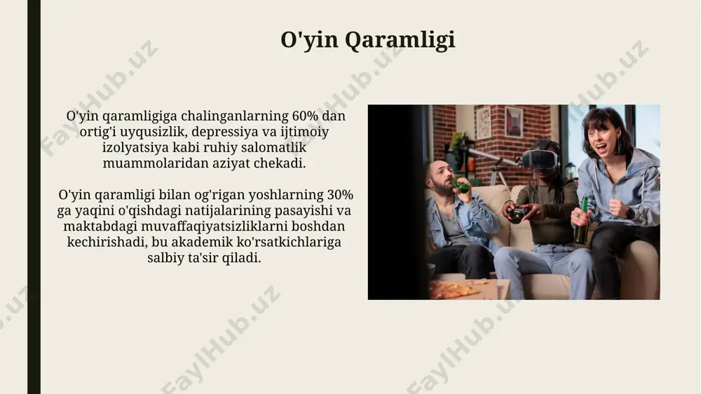 'yinlardagi zo'ravonlik va tahdidlar, huquqbuzarliklar sonining 15% ini tashkil qilib, psixologik zarar yetkazish va huquq himoyasi organlariga murojaat qilish holatlarini keltirib chiqarmoqda. uyqusizlik va uyqu rejimining buzilishi o'yinlarning yorqin ekranlari va kech soatlarda o'ynash, melatonin gormonining ishlab chiqarilishini kamaytirib, uyquning boshlanishini 1-2 soatga kechiktiradi va uyqu sifatini pasaytiradi. o'yinlardagi hayajonli voqealar, yuqori darajadagi adrenalin va dopamin sekresiyasi uyquning fiziologik jarayonlarini buzib, taxminan %30 ga kechikishiga olib kelishi mumkin. moliyaviy muammolar "loot box" tizimi kabi tasodifiy mukofot mexanizmlari o'yinchilarni pul sarflashga undaydi, natijada ularning 30% gacha qismi rejalashtirilgan byudjetdan ancha oshib ketishi mumkin, bu esa juda katta moliyaviy qiyinchiliklarga olib kelishi mumkin. o'yin ichidagi virtual buyumlarga pul sarflashning giyohvandlikka o'xshash xususiyati bor, bu esa o'yinchilarni qarzdorlik va bankrotlikka olib kelishi mumkin, hatto o'rtacha 1000$ dan ortiq pul yo'qotishiga olib kelishi mumkin. shaxsiyatning buzilishi doimiy onlayn o'yinlar, taxminan 15-20 soat va undan ortiq vaqt davomida, real hayotdagi faoliyatdan voz kechishga, depressiya va …