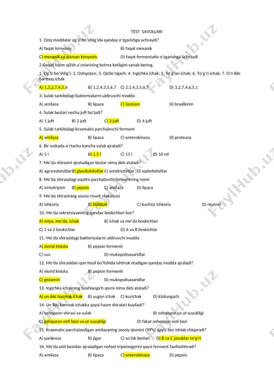 test savollari - ovqat hazm qilish tizimi — DOCX