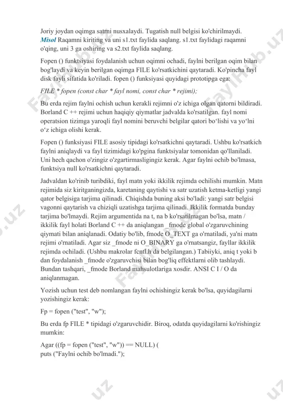faylni aniqlaydi va fayl tizimidagi ko'pgina funktsiyalar tomonidan qo'llaniladi. uni hech qachon o'zingiz o'zgartirmasligingiz kerak. agar faylni ochib bo'lmasa, funktsiya null ko'rsatkichni qaytaradi. jadvaldan ko'rinib turibdiki, fayl matn yoki ikkilik rejimda ochilishi mumkin. matn rejimida siz kiritganingizda, karetaning qaytishi va satr uzatish ketma-ketligi yangi qator belgisiga tarjima qilinadi. chiqishda buning aksi bo'ladi: yangi satr belgisi vagonni qaytarish va chiziqli uzatishga tarjima qilinadi. ikkilik formatda bunday tarjima bo'lmaydi. rejim argumentida na t, na b ko'rsatilmagan bo'lsa, matn / ikkilik fayl holati borland c ++ da aniqlangan _fmode global o'zgaruvchining qiymati bilan aniqlanadi. odatiy bo'lib, fmode o_text ga o'rnatiladi, ya'ni matn rejimi o'rnatiladi. agar siz _fmode ni o_binary ga o'rnatsangiz, fayllar ikkilik rejimda ochiladi. (ushbu makrolar fcntl.h da belgilangan.) tabiiyki, aniq t yoki b dan foydalanish _fmode o'zgaruvchisi bilan bog'liq effektlarni olib tashlaydi. bundan tashqari, _fmode borland mahsulotlariga xosdir. ansi c i / o da aniqlanmagan. yozish uchun test deb nomlangan faylni …